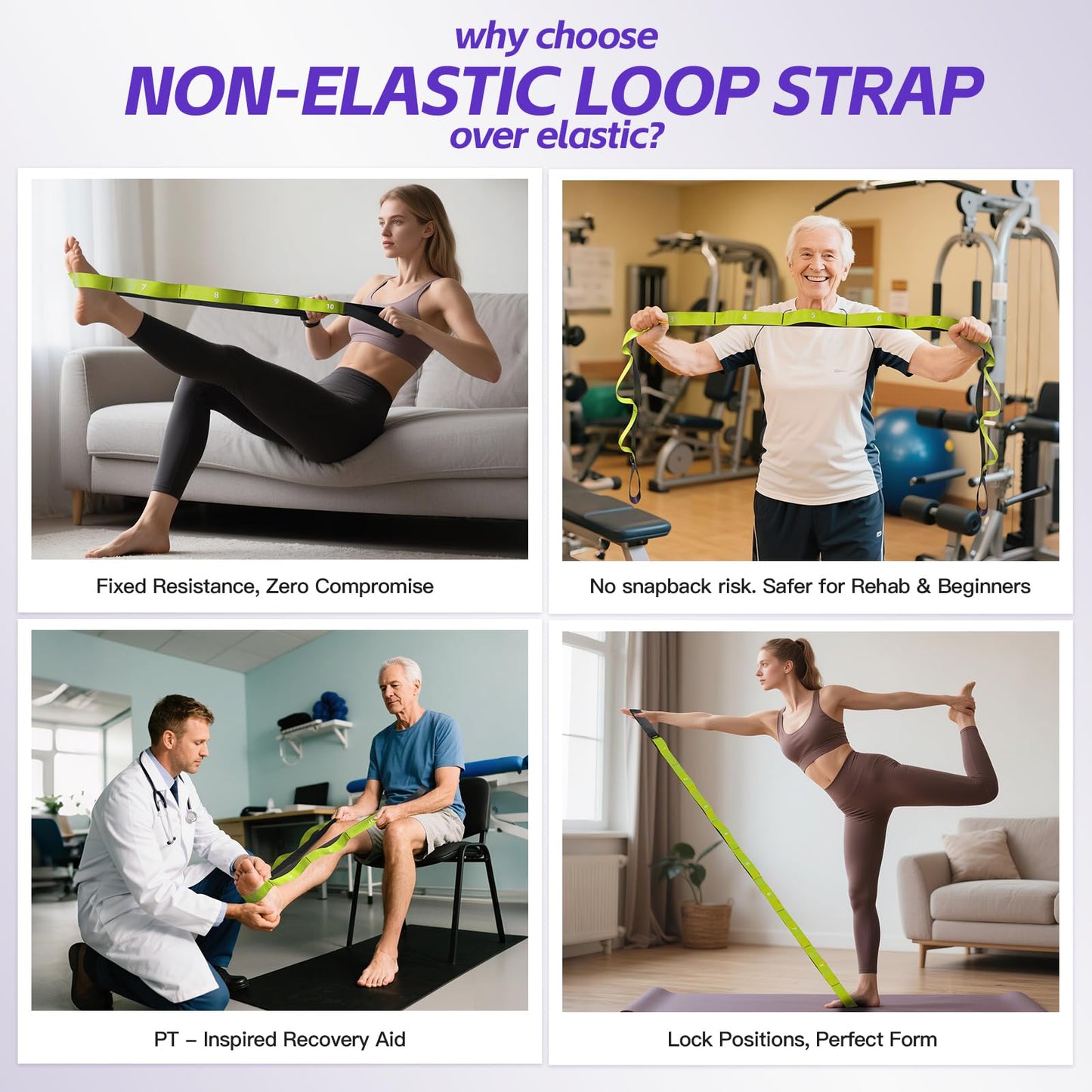 Non Elastic Stretching Strap with Loops - Yoga Straps for Physical Therapy, Durable Stretch Bands for Exercise, Flexibility Training, Hamstring & Leg Stretcher, Yoga/Pilates/Gymnastics - Green