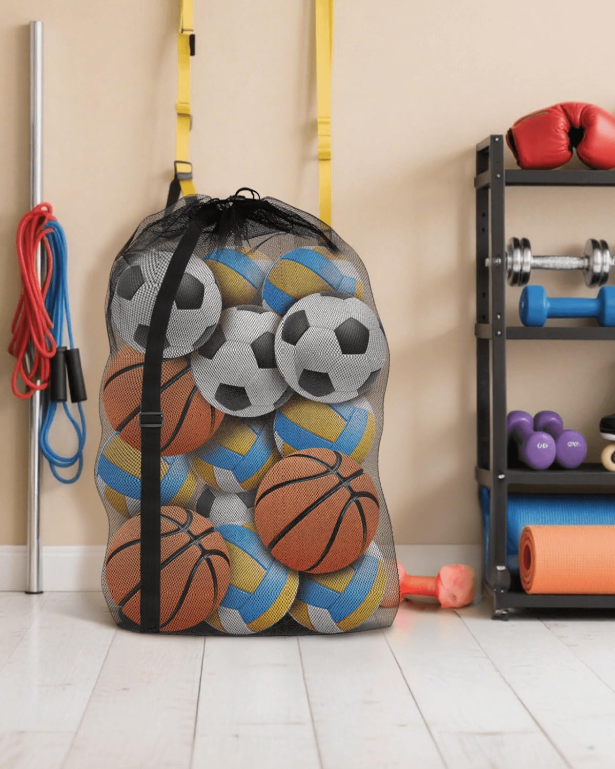Youeon 4 Pcs Extra Large Mesh Ball Bags 30 x 40 Inch, Heavy Duty Sports Ball Bag with Drawstring Closure & Adjustable Shoulder Strap, Black Ball Storage Bags for All Kinds of Balls, Laundry