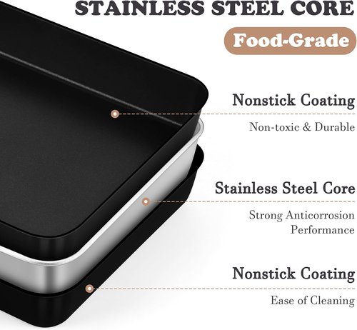 E-far Nonstick Baking Pan - 12.5 x 9.7 Inch Stainless Steel Rectangle Cake Pan for Brownies & Casseroles