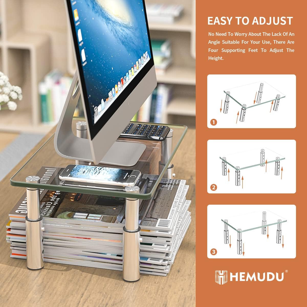 3 Hemudu Monitor Stand Riser, Height Adjustable Laptop Stand Riser, Monitor Stand Riser for PC, Computer, Laptop Clear