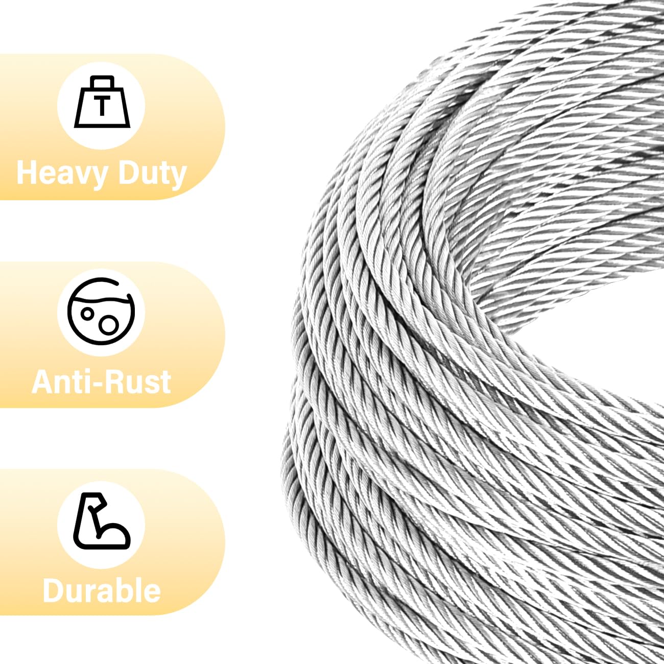 1/2" Steel Cable, Sunwuk 75Ft 7x19 Strand Aircraft Cable with Loops, 23000 Lbs Breaking Strength, Heavy Duty Wire Rope with Clamps and Thimbles for Zipline, Industrial, Towing, Winch Cable