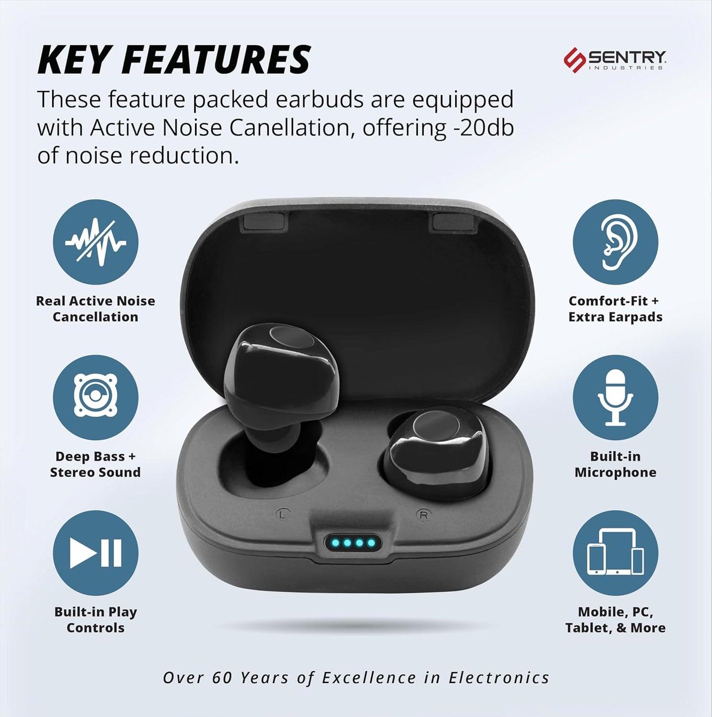 -20 18 SENTRY OSE Dot Bluetooth Wireless Earbuds, Active Noise Canceling, dB Sound Reduction, Charging Case, Up