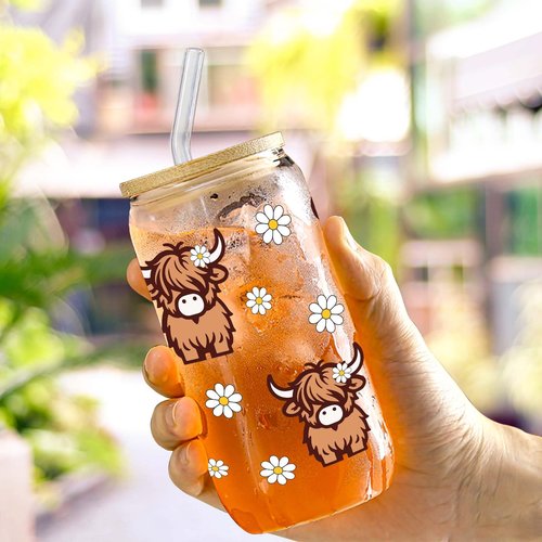 Highland Cows Gifts for Women Highland Cow Lovers Decor Print Stuff Coffee Cup with Cow Straw - Cute Coffee Cups/Tumbler Christmas Birthday Gifts for Women Girls, Glass Cup with Lid and Straw 16oz