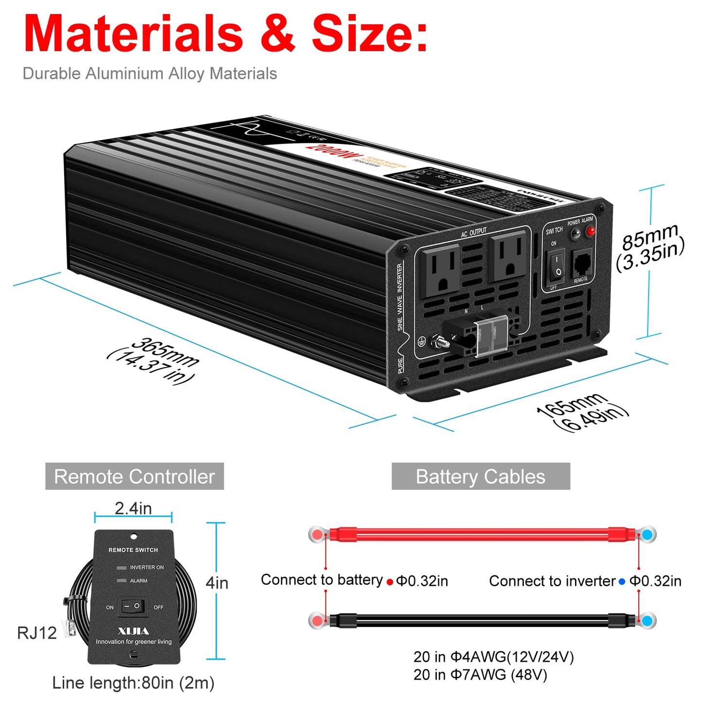 Xijia 2000W Pure Sine Wave Inverter，24V to 120V AC Converter for Home，Solar Systems，Remote and Bluetooth Control for Truck，Camping，with 2 20A AC Socket，Surge Power 4000W