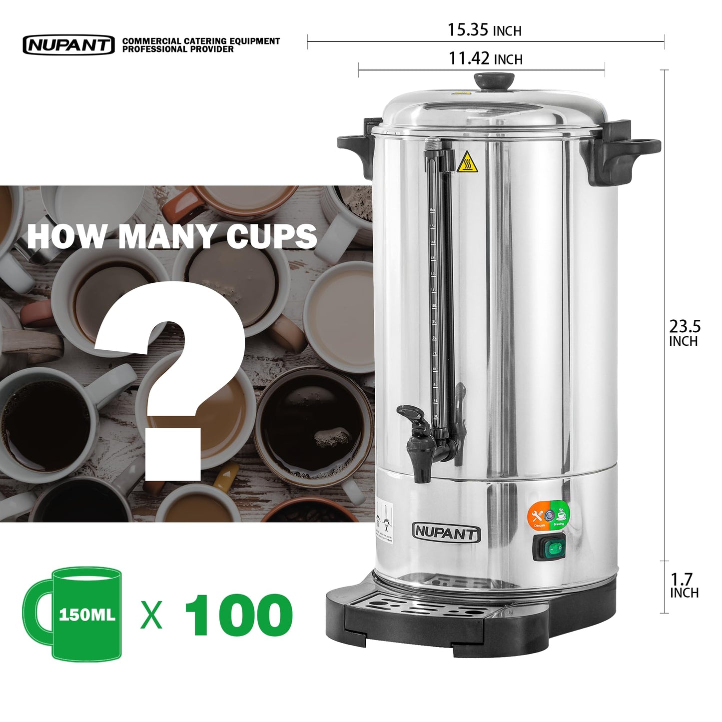 Commercial Coffee Urn 100 Cup/15L Coffee Dispenser with Upgraded Percolator, Double Wall 304 Stainless Steel Hot Water Urn Beverage Dispenser with Keep Warm Mode Large Coffee Maker for Catering Party