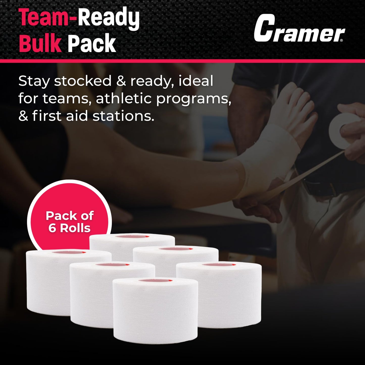 Cramer Athletic Tape 6 Pack, 1.5" x 10 Yards White, Easy Tear Sports Tape for Ankle, Wrist & Knee, Latex-Free Adhesive, Strong Support, Athletic Training Tape Roll