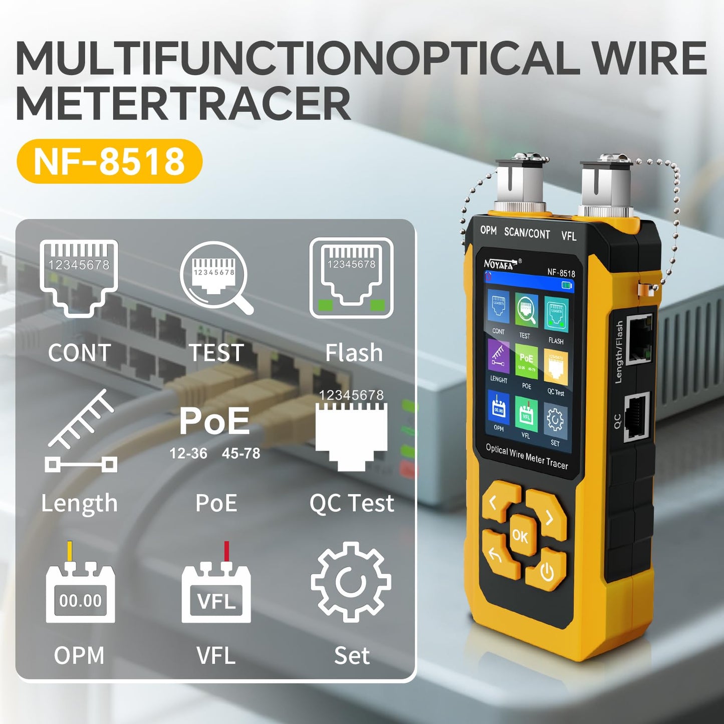 NOYAFA NF-8518 Network Cable Tester with Optical Power Meter, Ethernet Cable Tester, CAT6 Cable Tracker, VFL PoE QC Port Flicker, Length Testing, Fiber Optic Fault Locator, Telephone Line Tracker
