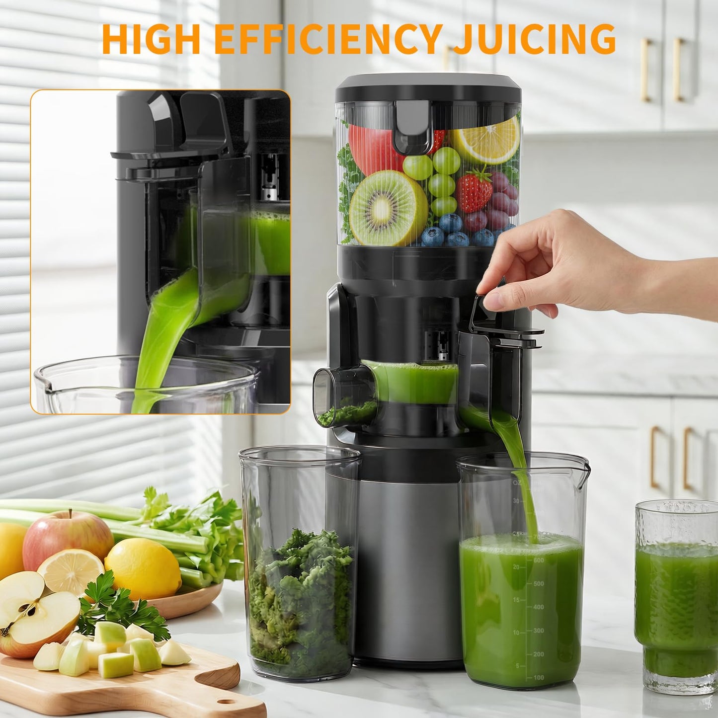 XTKKGFBIR Cold Press Juicer, 400W Masticating Juicer with 6" Extra-Large Feed Chute, 55RPM Slow Juicer, High Juice Yield, Easy to Clean, for Whole Fruits, Vegetables, Nut Milk & Sorbet, 1.8L Capacity