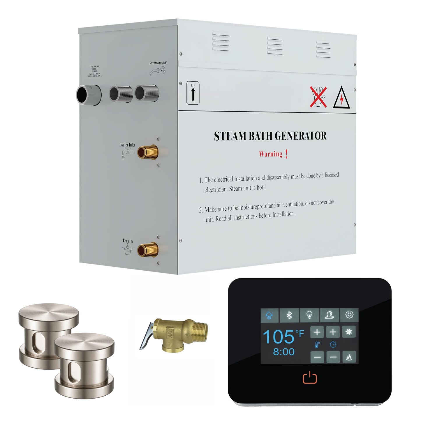 SaunaSpa Builders Series 12kW Steam Bath Generator with Quickstart Continuous Steam, Black Digital Touch Pad, Built-in Auto-Drain, and Aroma Steamhead in Brushed Nickel
