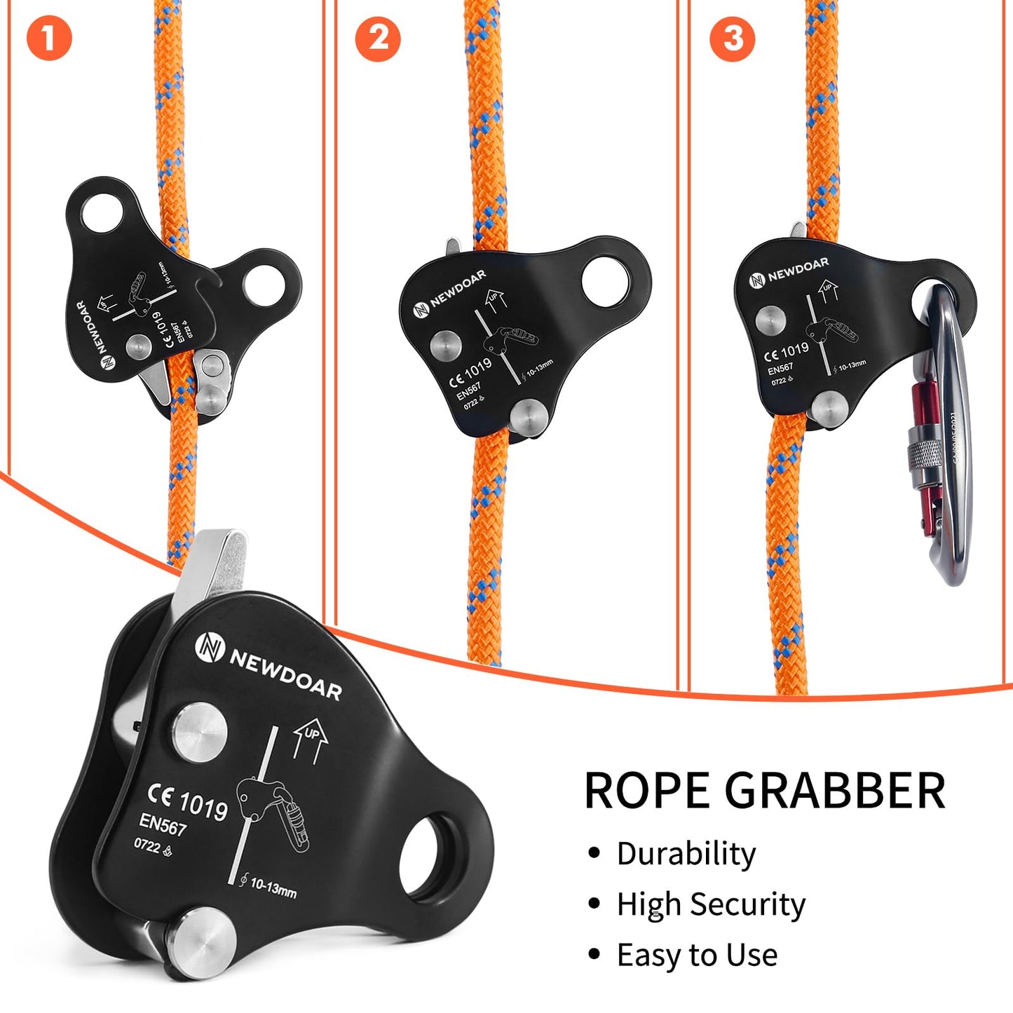 NewDoar Rope Grab Ascender 12KN Riser Adjuster Fits 10mm-13mm Rope for Rocking Climbing Protection Rescue (Black)