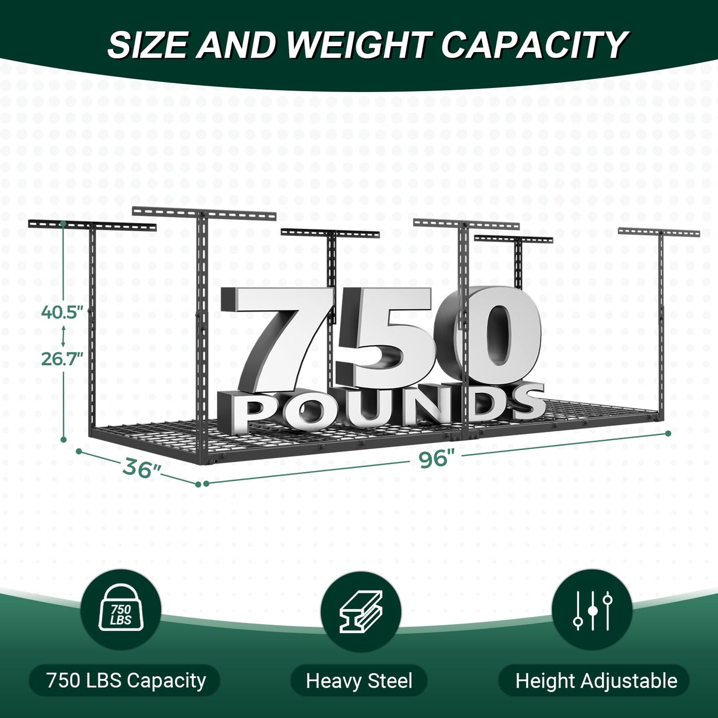TOPIRON 3x8 FT Overhead Garage Storage Rack, 26"-40" Height Adjustable Heavy Duty Garage Ceiling Storage Rack, 750LBS Capacity Metal Hanging Organizer System for Garage