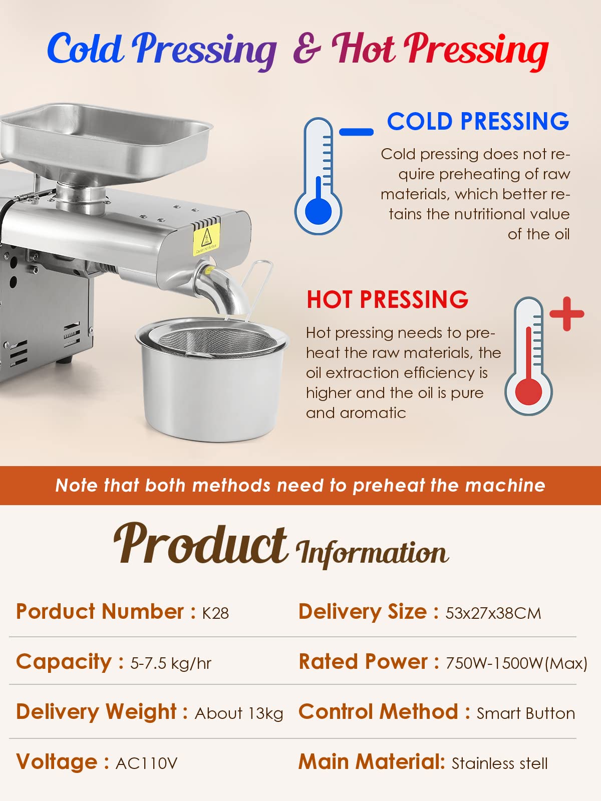 CGOLDENWALL Upgraded Oil Press Machine Automatic Oil Presser Cold Hot Press with Intelligent Control/LCD Touch Screen/ 6 Levels of Temp, Oil Extractor for Commercial Home Use