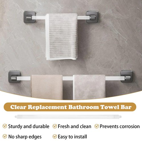 Earthtec 24 Inch Clear Adjustable Replacement Bathroom Towel Bar Rod Spring Loaded End Sturdy Plastic Wall Mount and for Kitchen Towel Storage Replacement Towel Bar for Ceramic Holder