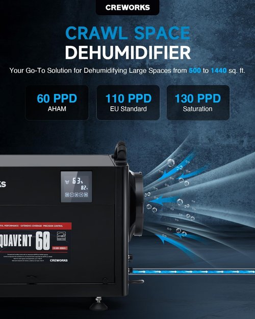 CREWORKS 130 PPD Commercial Dehumidifier - Efficient Crawl Space & Basement Moisture Control with Auto Defrost