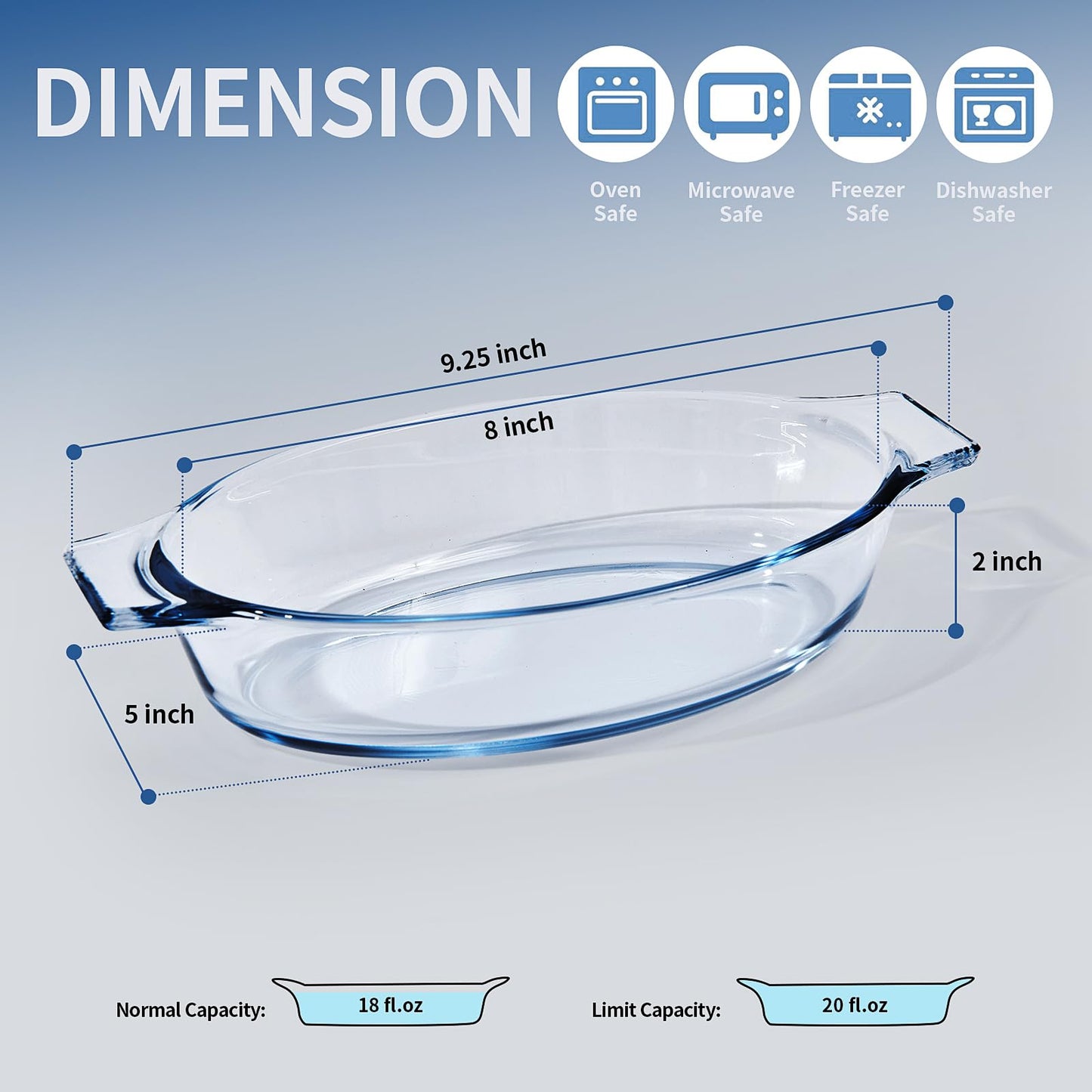 Small Casserole Dishes Oval 2 Pack, 23oz Glass Au Gratin Baking Dish, Individual Oval Baking Pan for Oven Microwave Air Fryer, 1 or 2 Person Servings, Bakeware Clear Prep Bowls with Handle