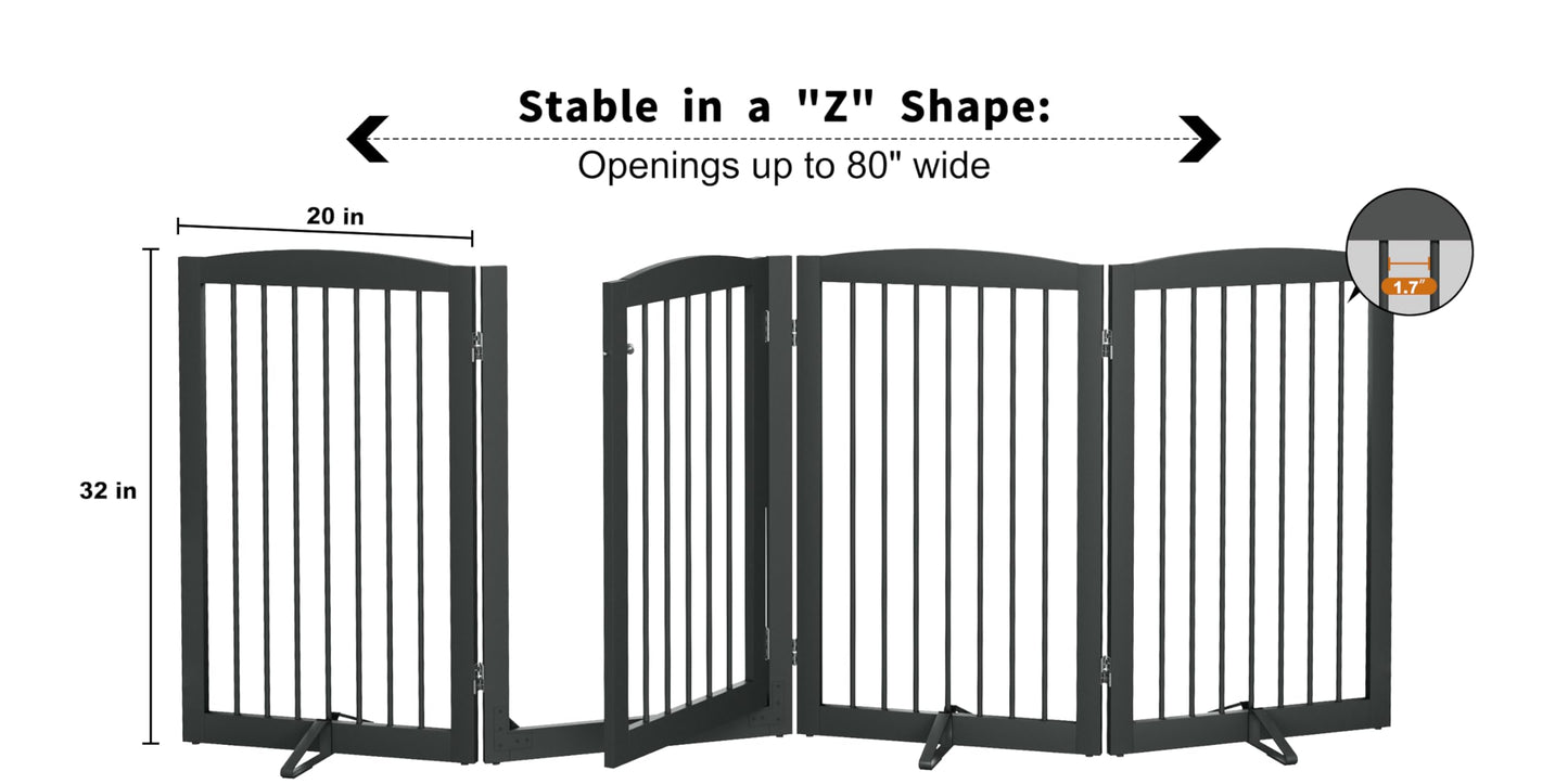 PUPETPO Freestanding Dog Gates with Door Walk Through, Pet Gate for Stairs, 80 inch Wide Gates Indoor, Dog Fences Indoor, Support Feet Included, 4 Panels, 32" Tall, Grey