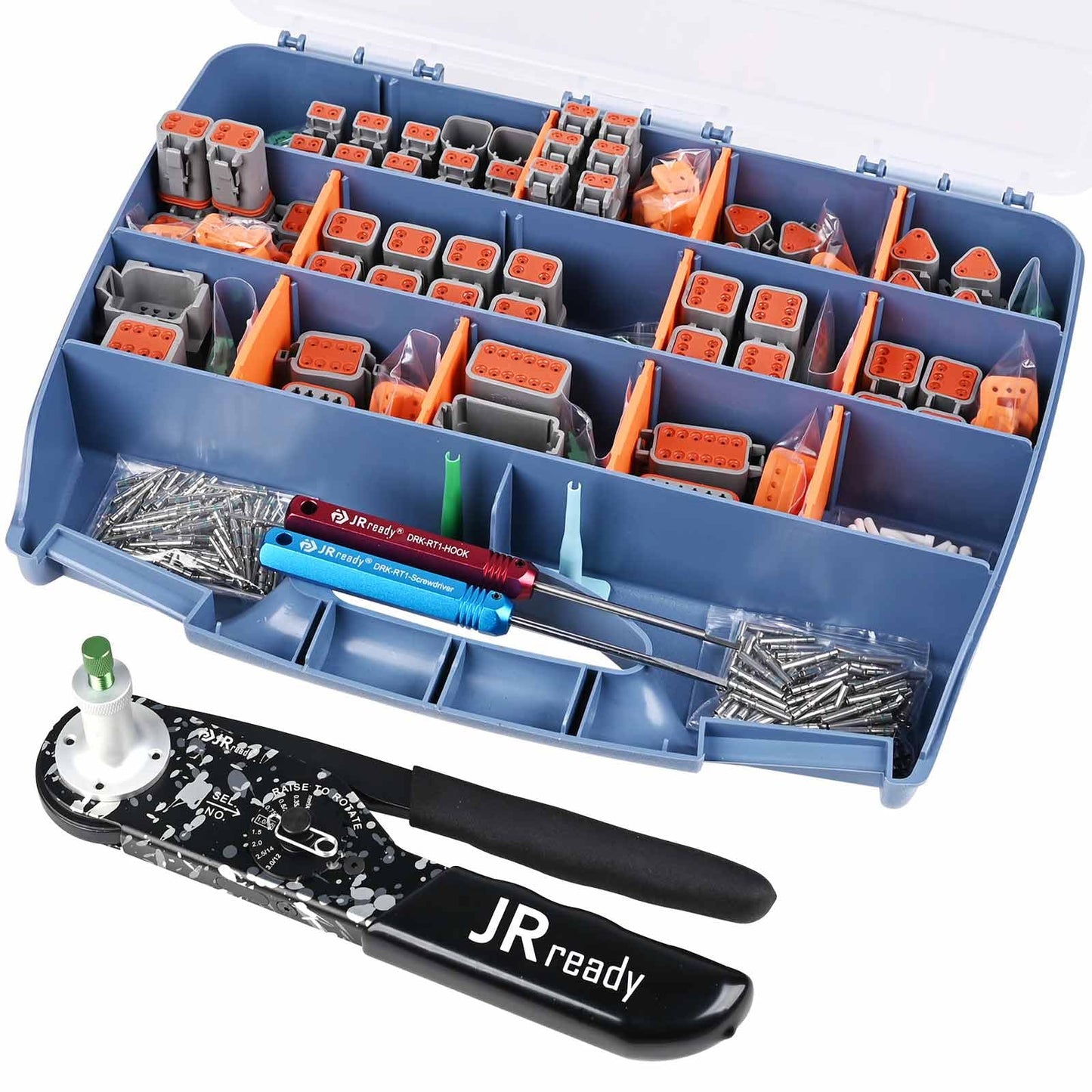 JRready ST6308 Deutsch Connector Kit, Waterproof DT Connector 2 3 4 6 8 12 Pin, Size 16 Solid Contacts, DT2 Crimper Equivalent to Deutsch Crimp Tool HDT-48-00, 12-22AWG, 417PCS
