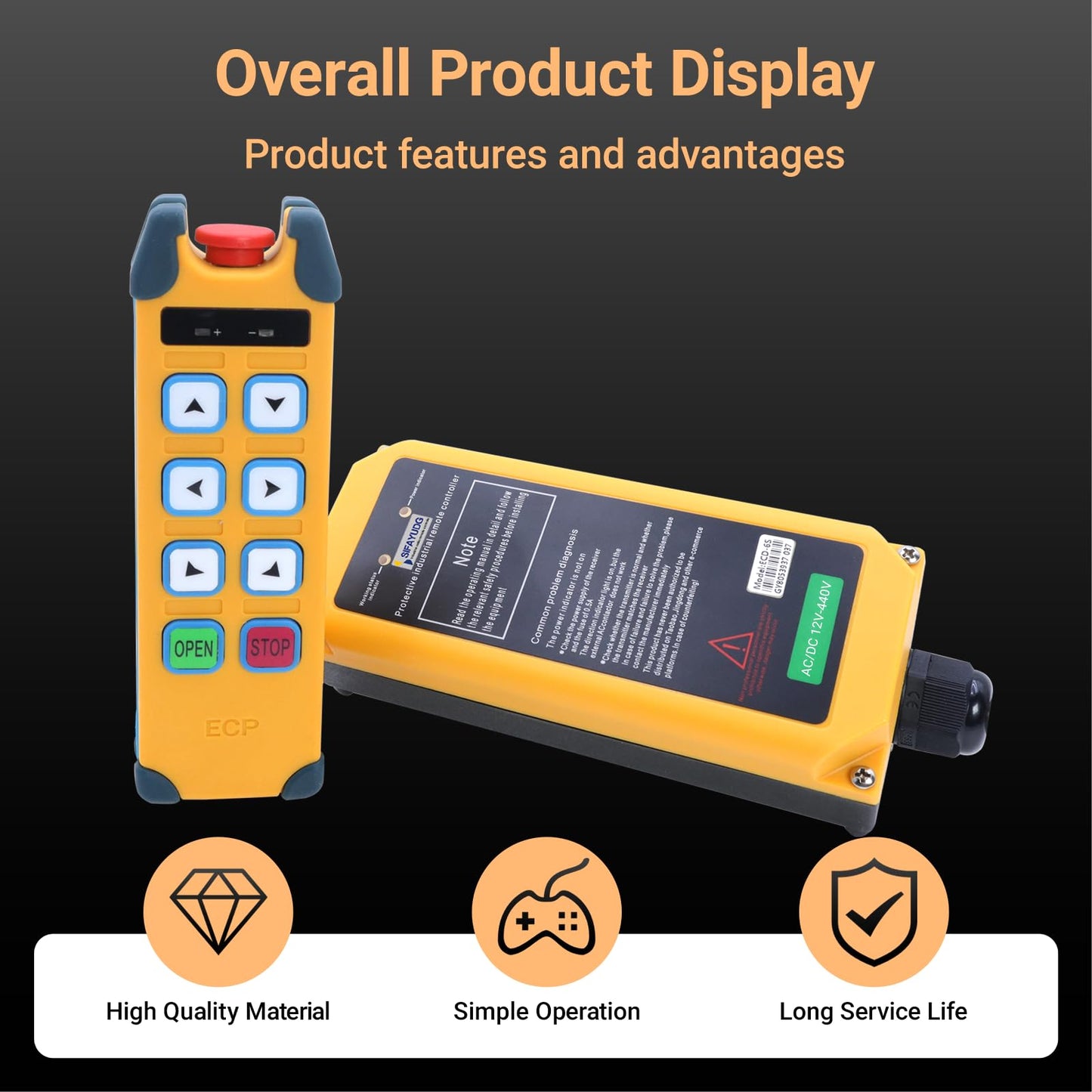 SIFAYUDG Industrial Remote Control ECD-6S Overhead Lifting Wireless Crane Remote Control 6 Buttons 12-440V Electric Hoist Winch Radio Remote Controller (2 Transmitter & 1 Receiver)