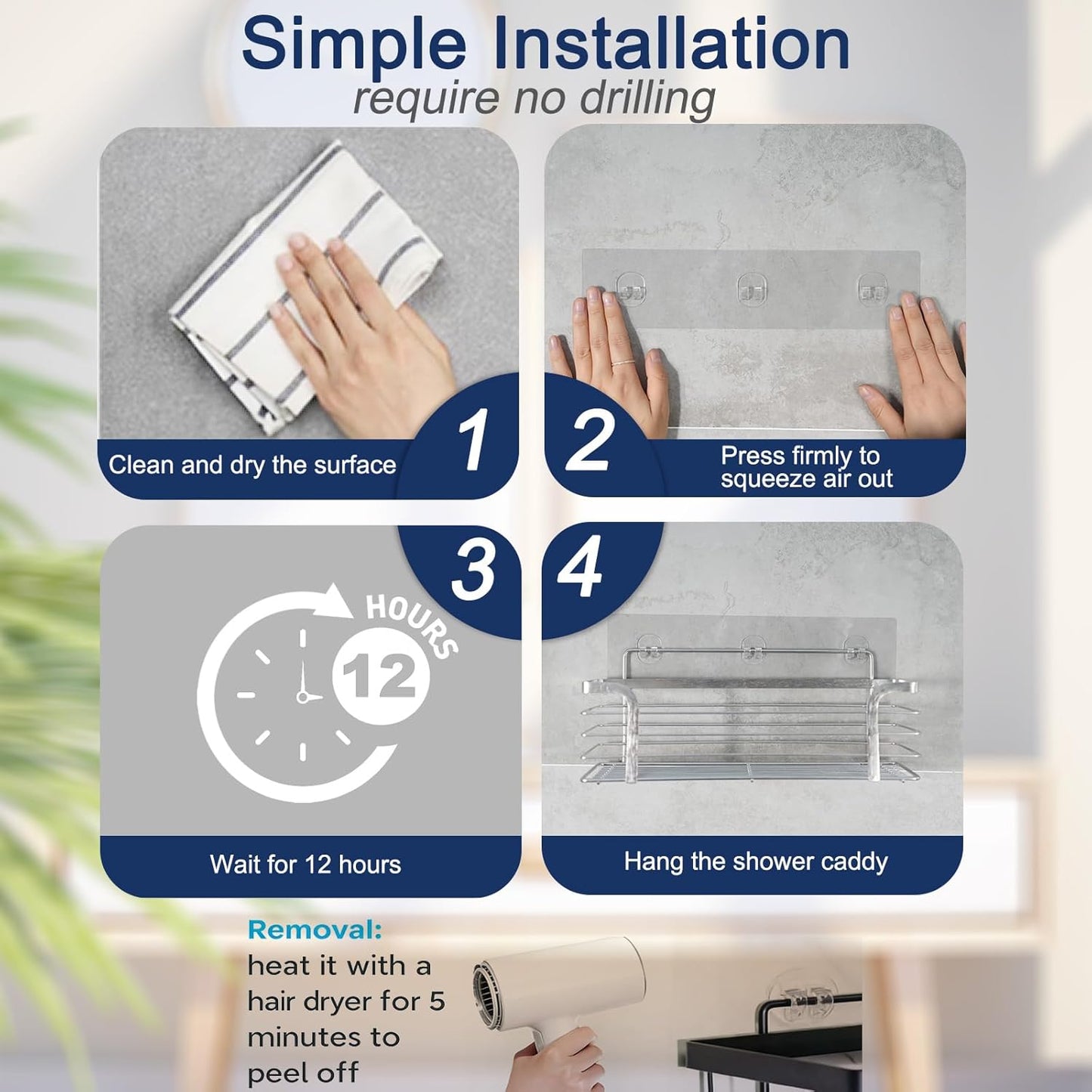 Skiennix Shower Caddy Adhesive Replacement - 4 Pack Strong Hooks for No-Drill Bathroom Storage