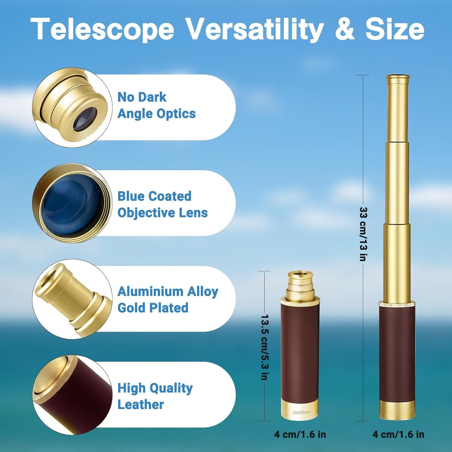 Laupha 25x30 Retro Pirate Telescope Spyglass Portable Collapsible Handheld Telescope Zoom Vintage Monocular Classical