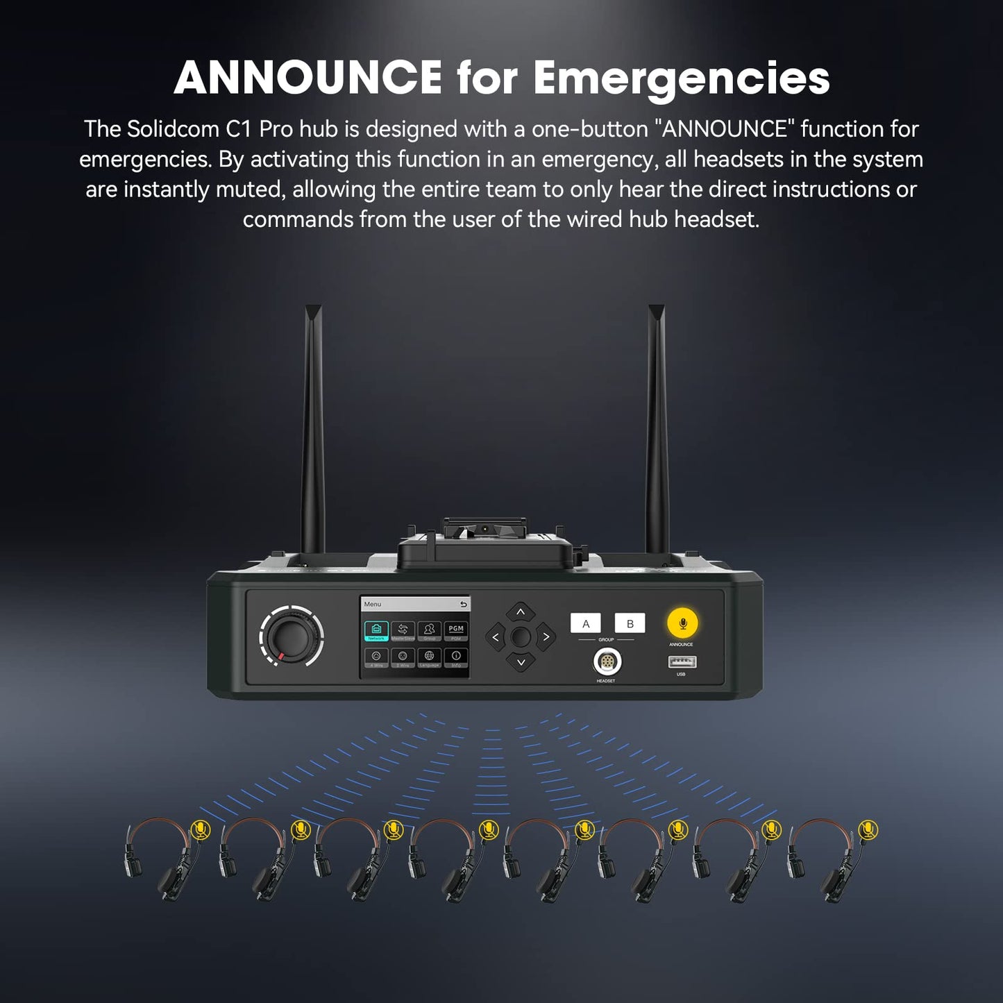Hollyland Solidcom C1 PRO 9-Users Wireless Headset Intercom System ENC Noise Cancellation with Base Station, 1.9GHz Full-Duplex Team Communication with AB Grouping Cloud Meeting Announcement