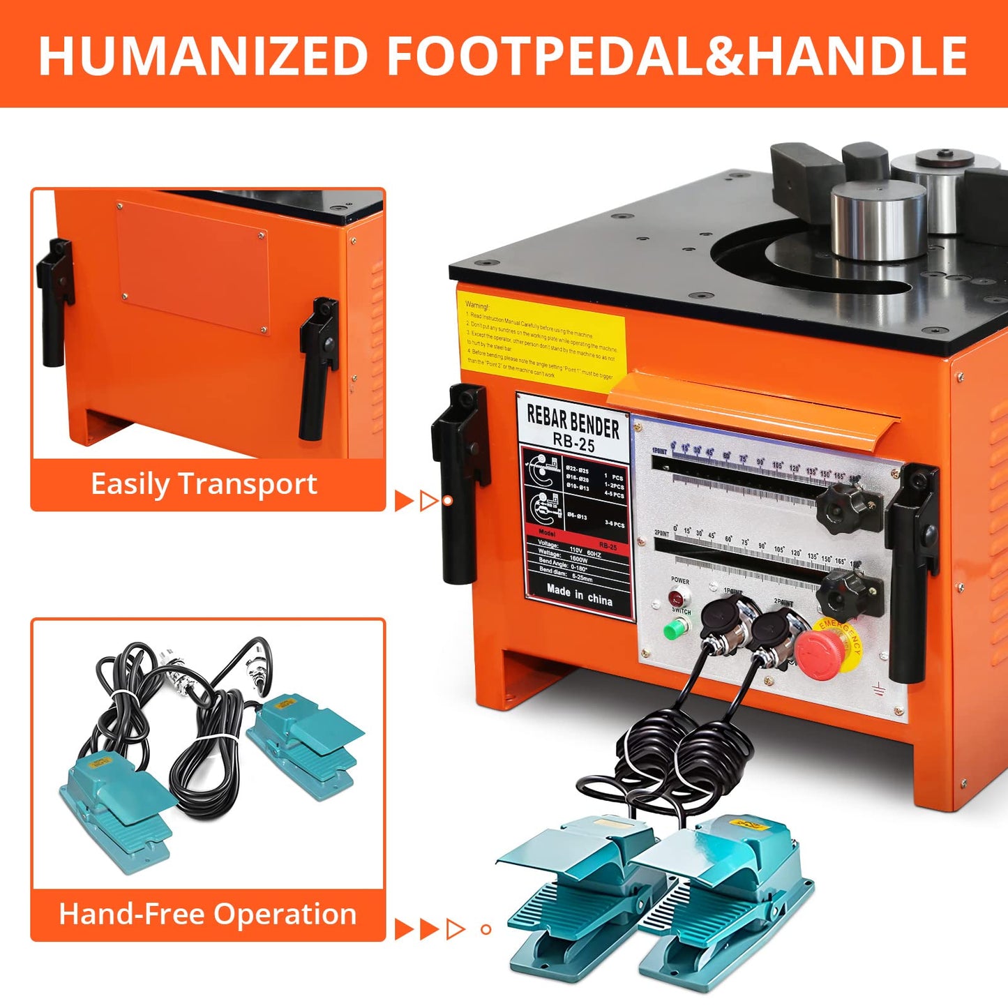 1600W Electric Rebar Bender Machine up to 1 inch with Our Electric Bender - Achieve 0-180° Angles, Operate with Convenient Foot Pedal Switch & Powerful Motor