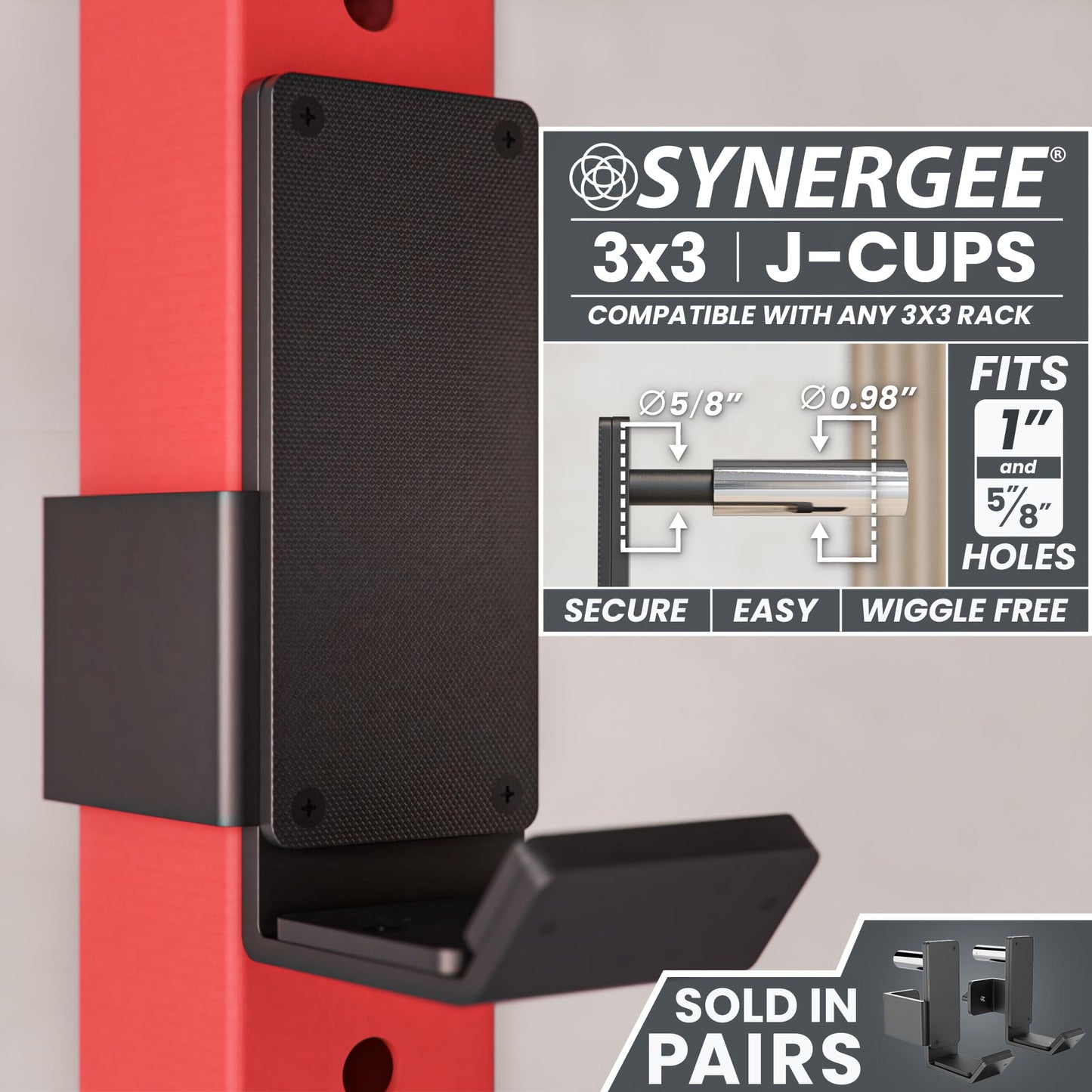 Synergee J-Hooks for Power and Squat Racks. 3x3 J-Cups Designed for 1” or 5/8 Hole. J-Hooks for Power Lifting, Squats and Presses. Sold in Pairs.