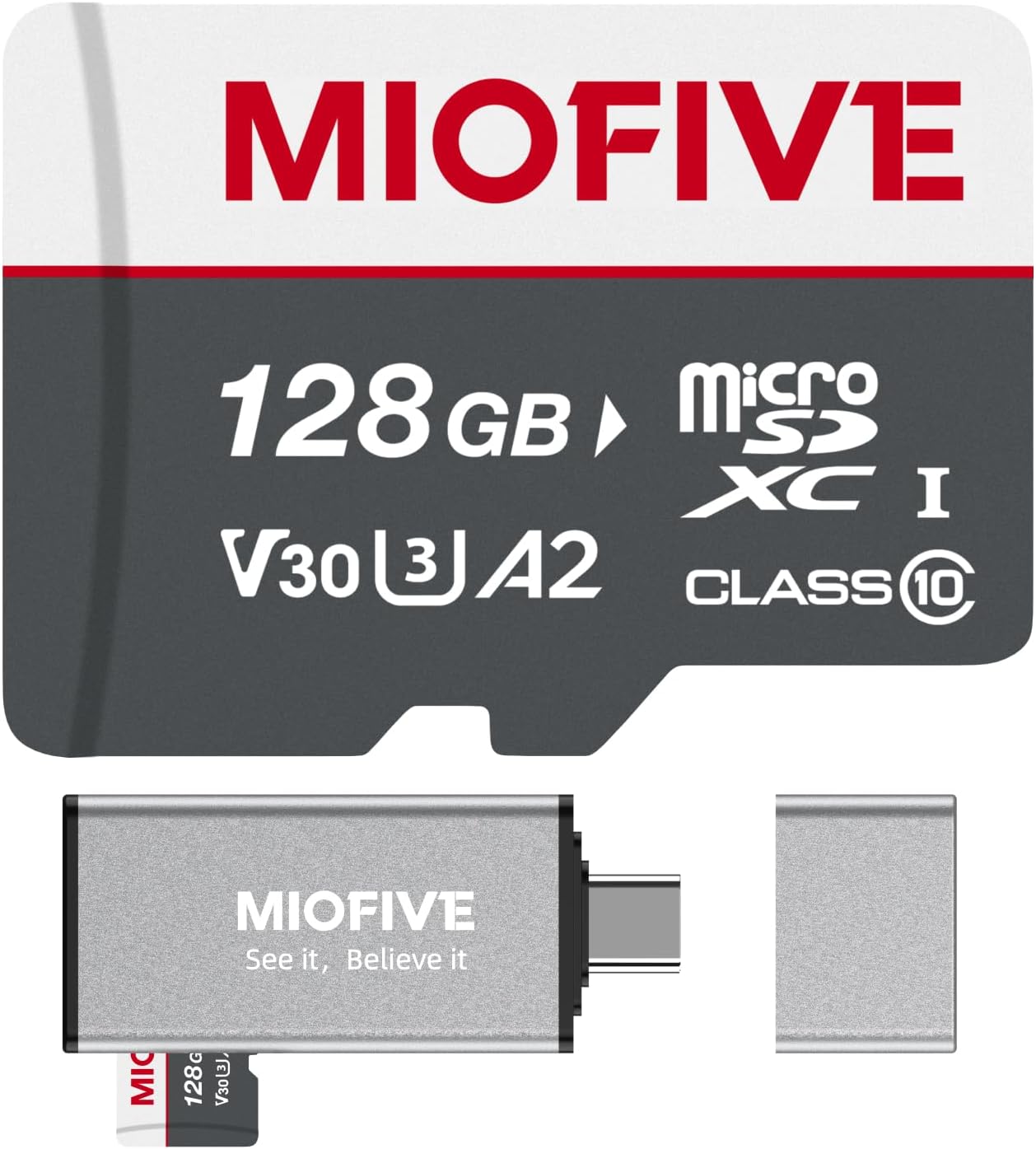 Miofive 3.0 170MB/s, C10, U3, A2, V30, 4K (128GB) Memory Card - Ultimate Micro SD Card with USB Type-C Card Reader