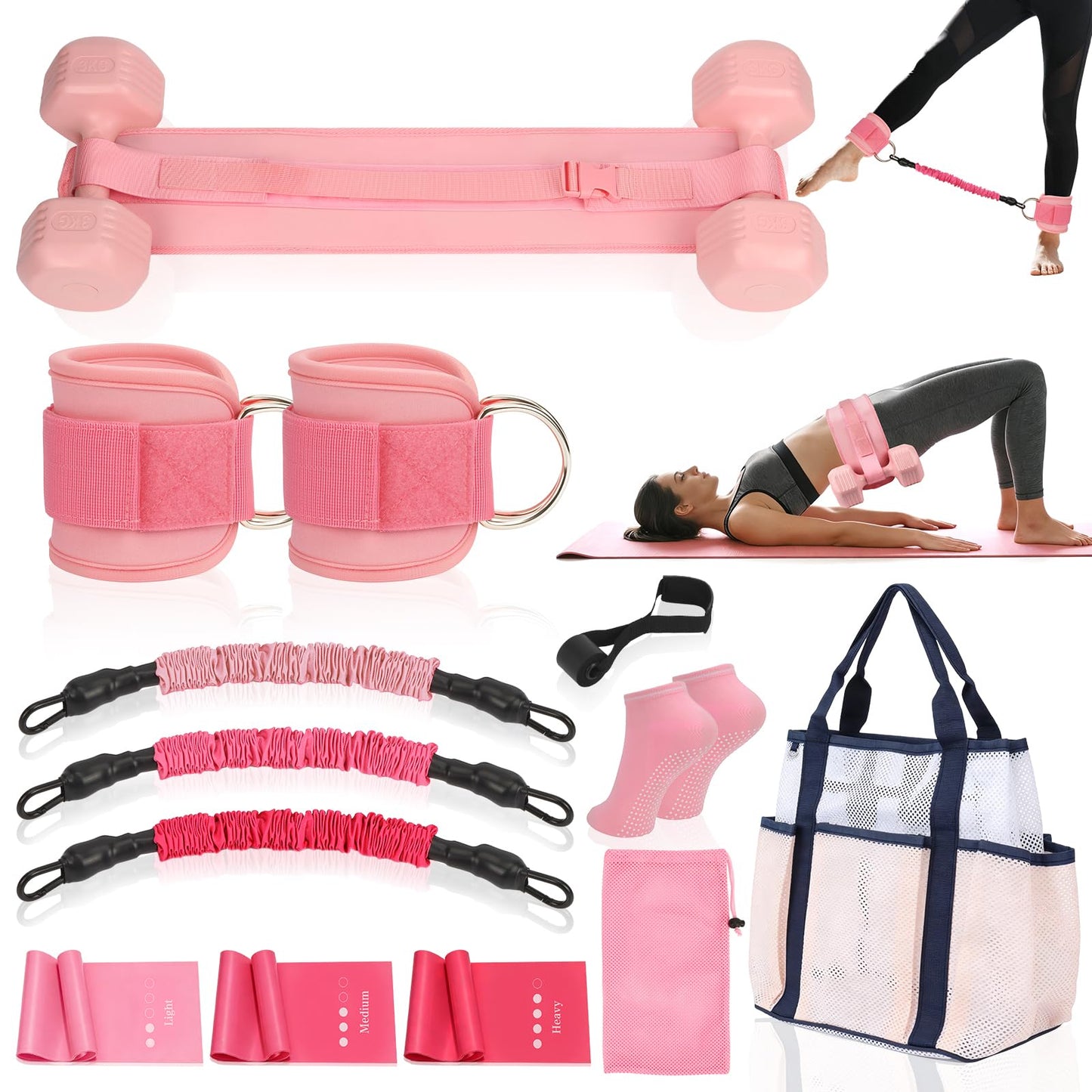 Ypdroy Women Glute Workout Equipment Set, Ankle Resistance Bands with Cuffs Long Yoga Resistance Bands Socks & Bag, Glute Sculpting at Home Set for Gym Equipment Pilates Kit
