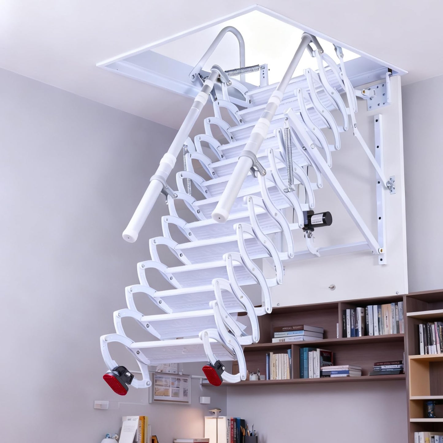 9.8ft Electirc Attic Ceiling Ladder, Pull Down Attics Ladder with Handrails, Folding Retractable Loft Ladders, Invisible Telescoping Attic Stairs, Extension Steps Staircase for Garage, Home, Basement