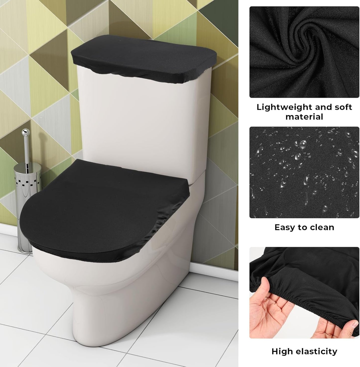 Skiennix Toilet Lid Cover Set - Soft Stretch Black Toilet Seat & Tank Covers for Universal Fit