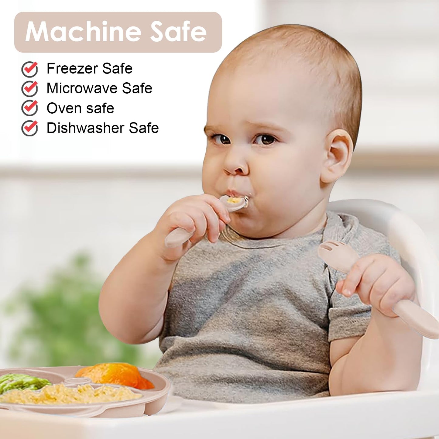 Silicone Baby Feeding Set, 14 Pcs Baby Led Weaning Supplies, Baby Spoons & Forks Suction Bowl Divided Plate Bib Cup, First Stage Solid Food Eating Utensils - 6+ Months (Beige)