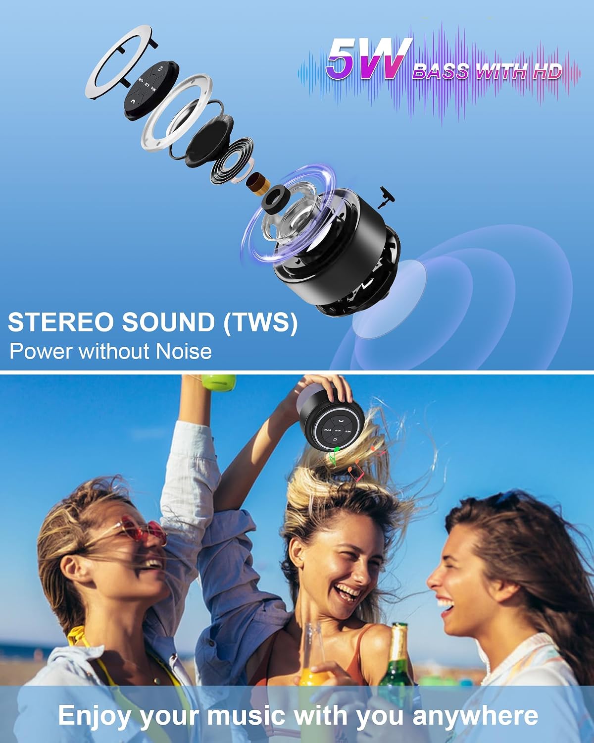 Razobws IP67 Bluetooth Shower Speaker, Portable Bluetooth Speakers, Waterproof Speaker with Suction Cup, Floating