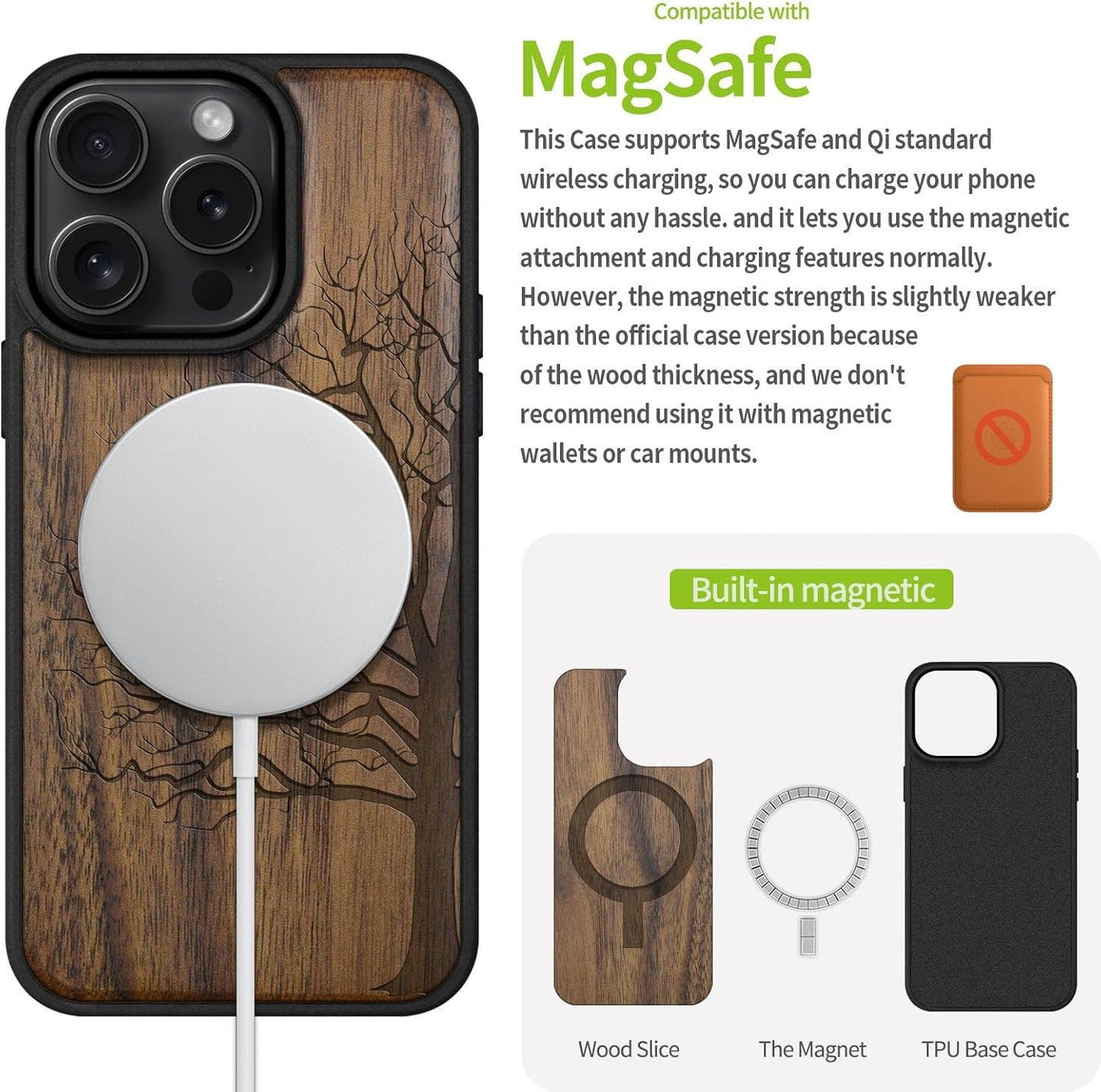 Carveit 16 Magnetic Wooden Case for iPhone Pro Case, Wood Artisan Engraved & Black Soft TPU Shockproof Cover