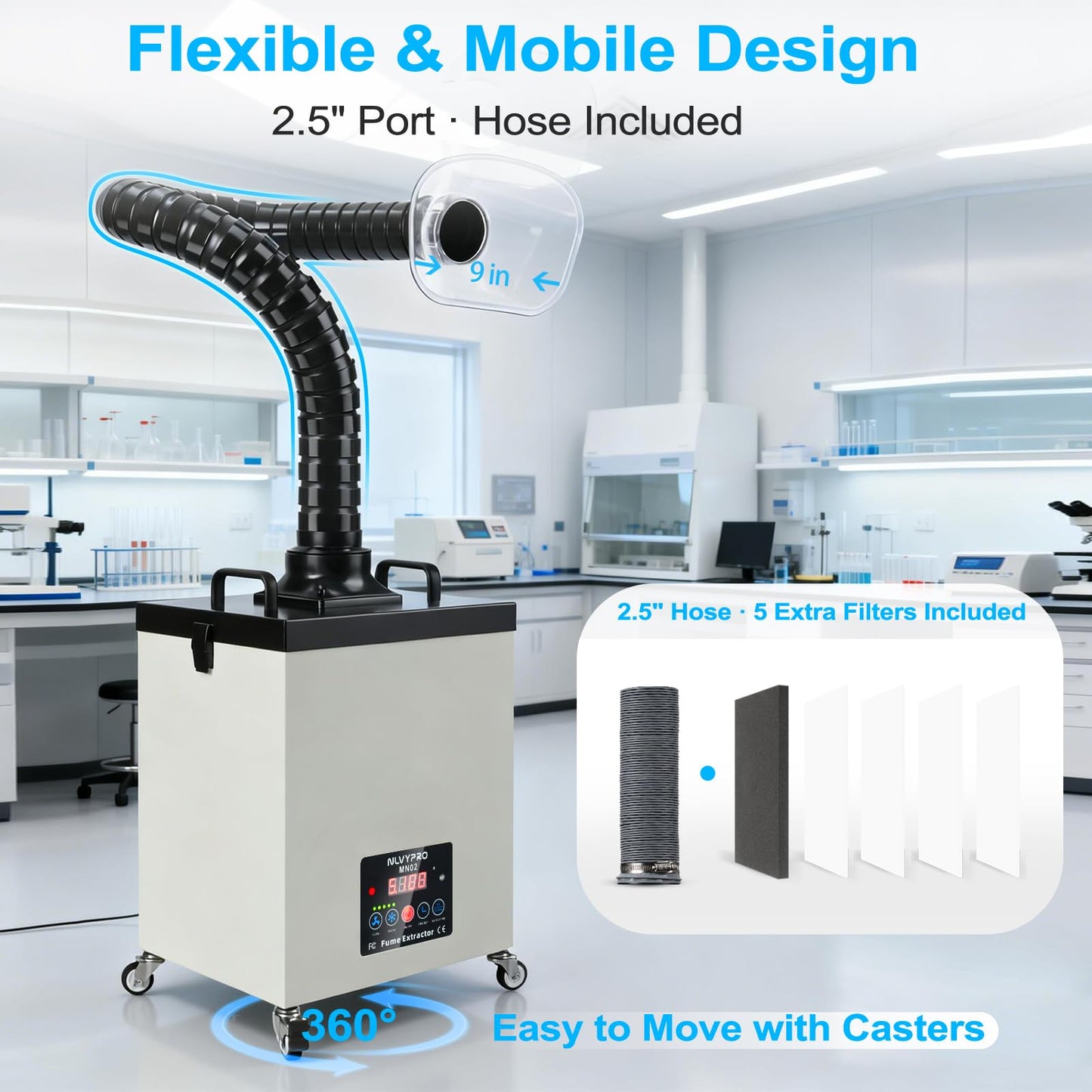 NLVYPRO MN02 Fume Extractor, 200W 300m³/h / 177 CFM, 4-Layer Filter, LED Display, Remote Control, Filter Change Reminder, 2.5" Hose, Wheels, 5 Extra Filters for Laser Engraver, Soldering