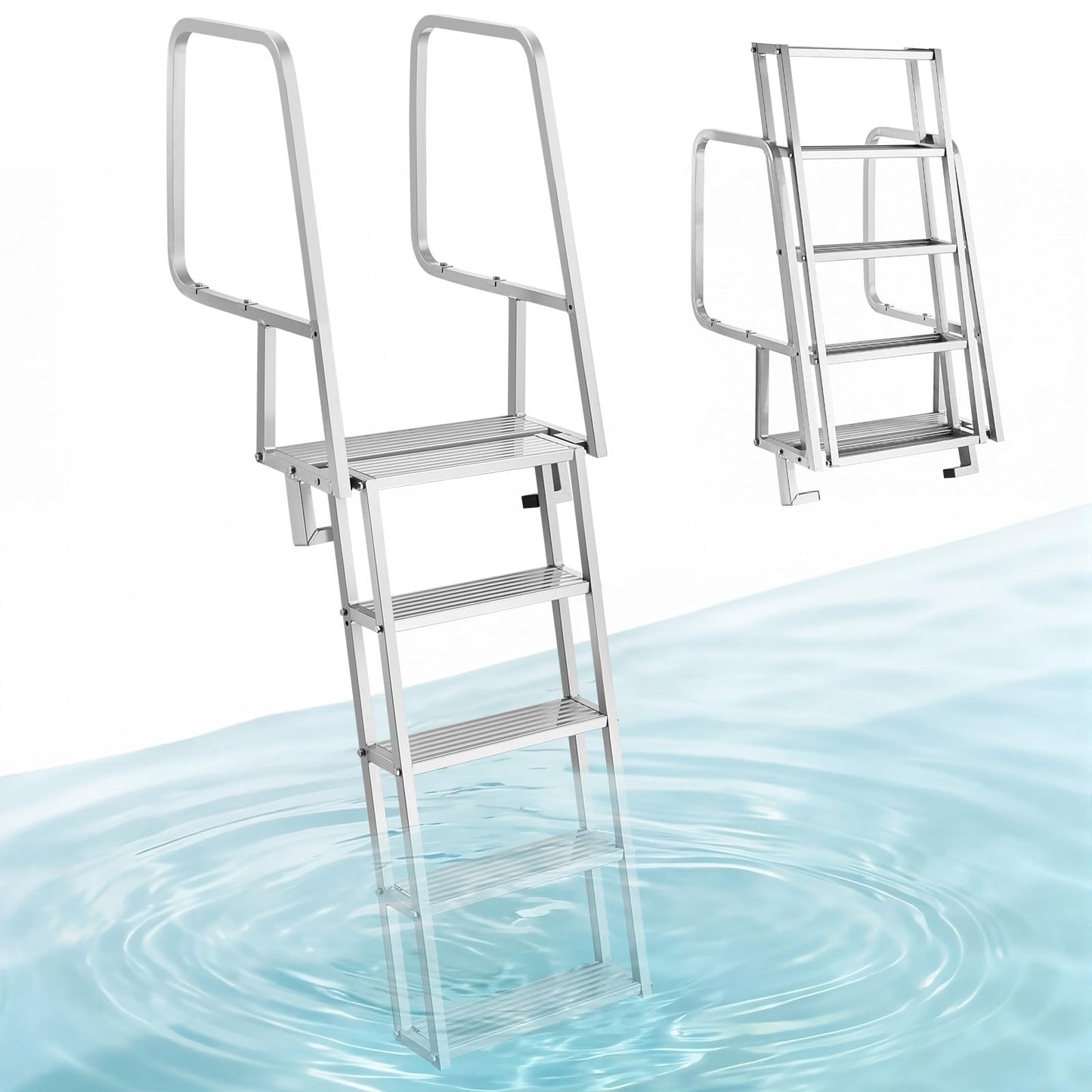 VEVOR Flip-Up Dock Ladder, 5-Step, Heavy-Duty Aluminum Alloy Pontoon Boat Swim Ladder, with Non-Slip Wide Steps, 350 lbs Weight Capacity, Pull Rope Assist, Comfort Use for Lake Pool Marine Boarding