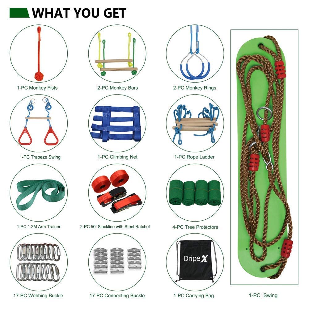 Ninja Warrior Obstacle Course for Kids Backyard - 2×50ft Slackline Kit with 10 Most Complete Accessories for Boys & Girls, Swing, Rope Ladder, Gymnastic Ring, Climbing Net, Arm Trainer and Monkey Fist