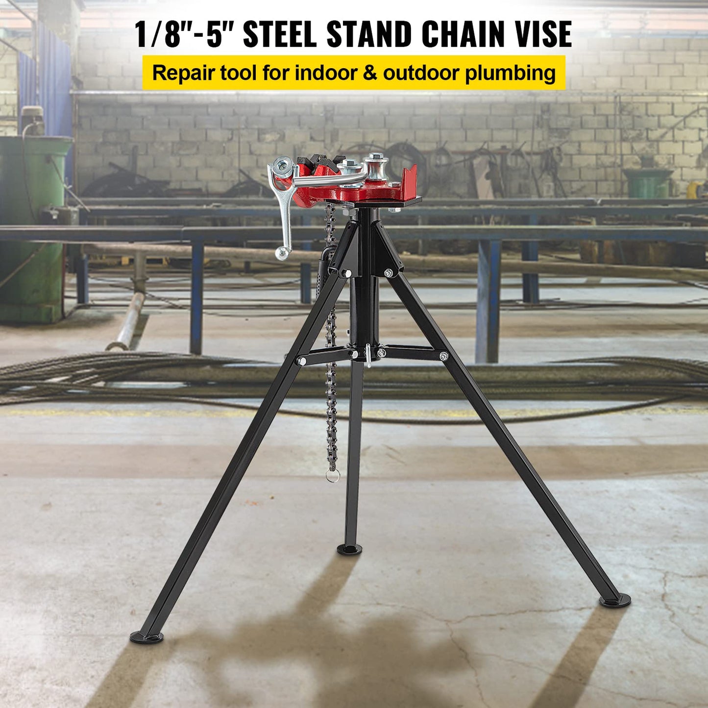 VEVOR Tripod Pipe Chain Vise, 1/8"-5" Pipe Capacity, 36.4“ Length Chain Vise Stand with Portable Folding Steel Legs, for Grabbing, Supporting and Bending Pipes in Factory, Workshop and Home