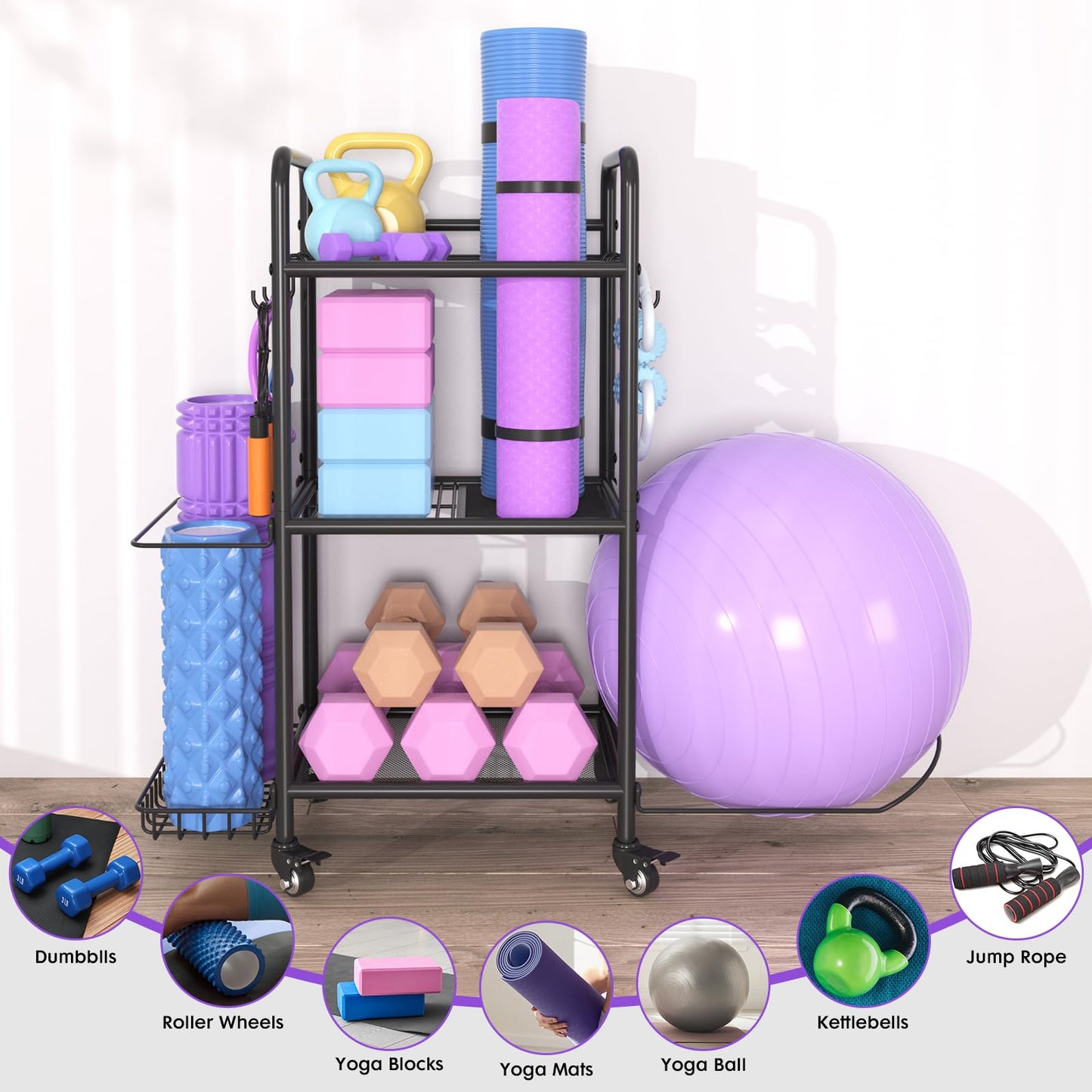 Home Gym Storage Rack Exercise Equipment Storage Organizer for Yoga Mat Dumbbells Kettlebells Foam Roller Yoga Strap & Resistance Bands, Ideal Yoga Mat Holder & Workout Equipment Organizer