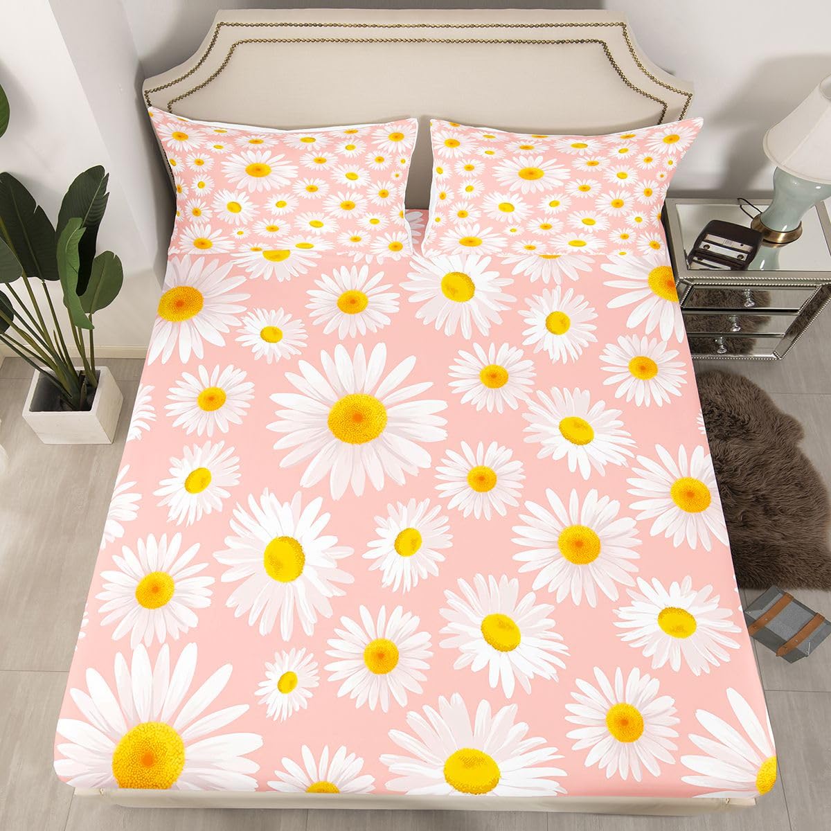 Erosebridal Pink Daisy Sheet Set Queen Size Boho Floral Bed Sheets,Romantic Garden Flowers Fitted Sheet Plant Botanical Bed Cover for Boys Child Bohemian Farmhouse Rustic Room Decor