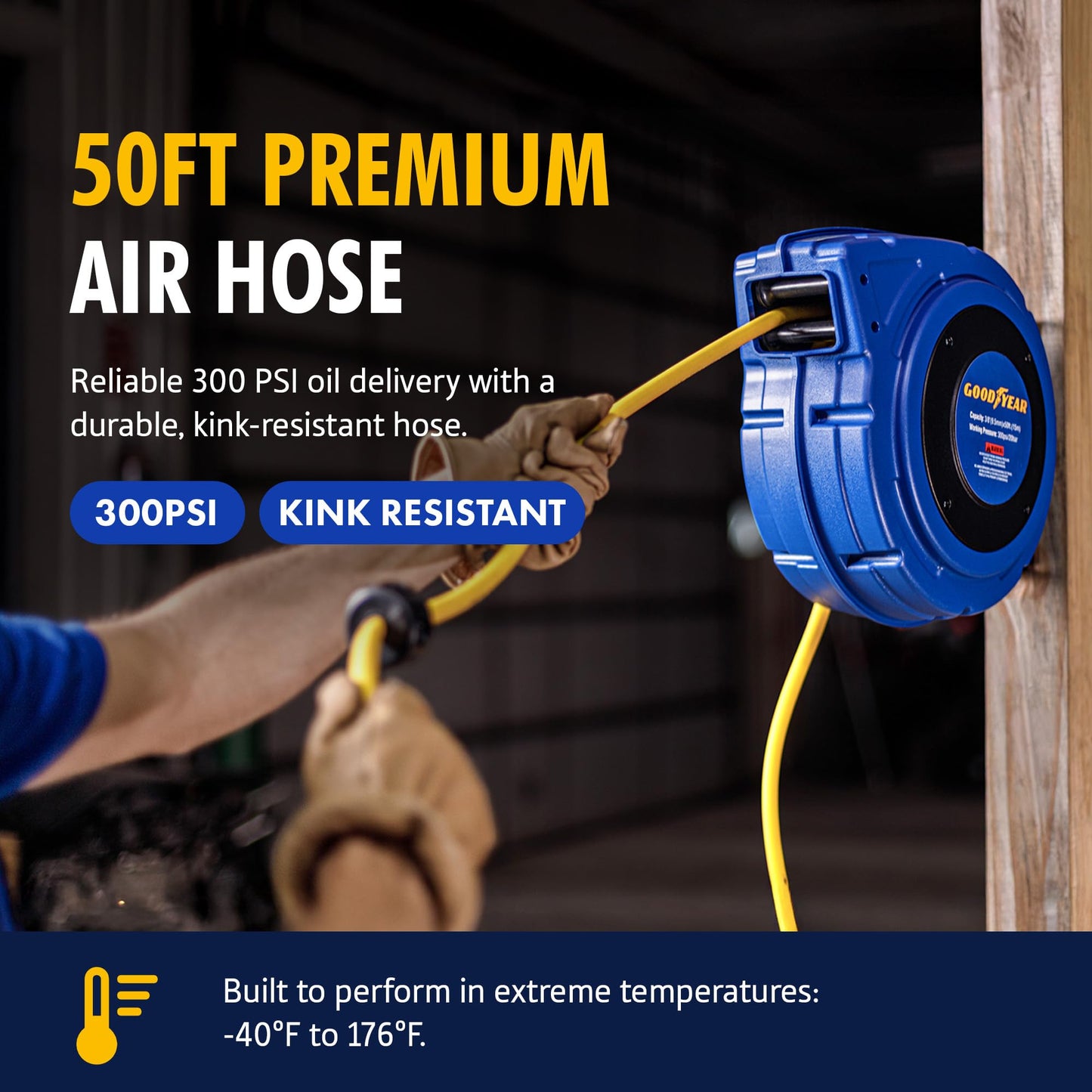Goodyear Air Hose Reel Retractable 3/8" Inch x 50' Foot Hybrid Polymer Hose Max 300PSI Commerical Polypropylene Construction