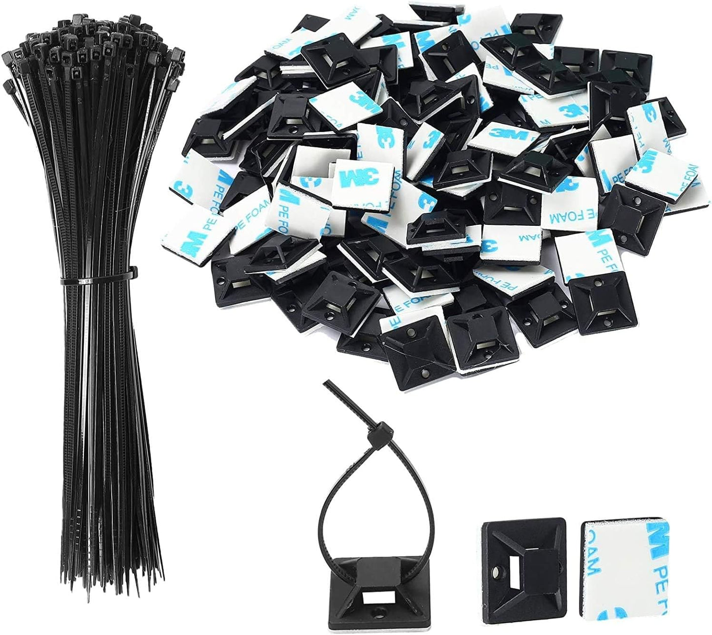 SeuYeugX 100PCS Set Zip Tie Mounts - Cable Self Adhesive Mounts for Wire Management with Stick Pads Anchors Clips