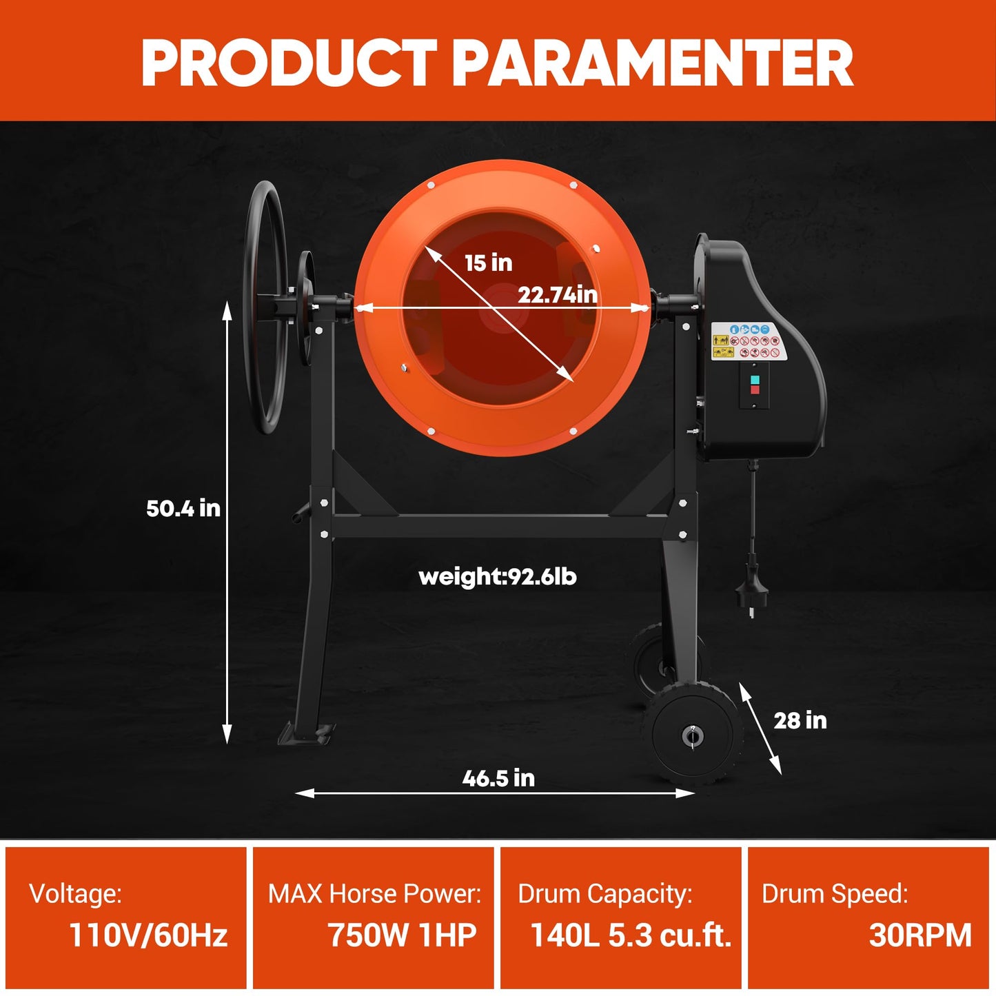 Concrete Mixer Machine 5.3 Cu.Ft. – 750W 1HP Heavy Duty Portable Industrial Cement Mixing Machine with Wheel & Stand for Stucco, Mortar, Seeds, Orange