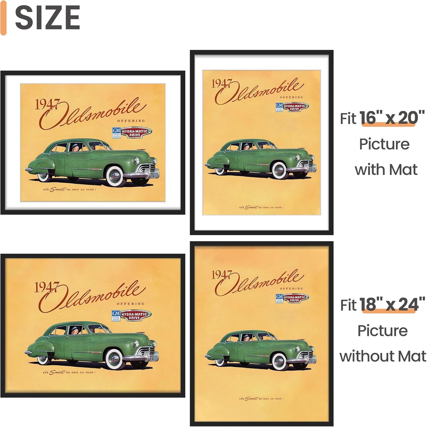 Upsimples 18x24 Picture Frame Set of 5 - Display 16x20 with Mat or 18x24 Without - Black Wall Gallery Frames
