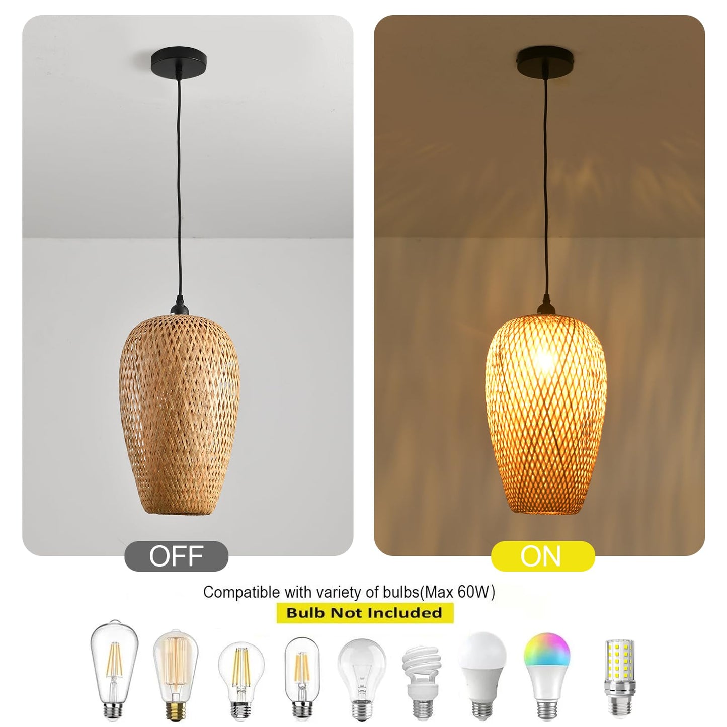 Teru Ji Kaikang Bamboo Lamp Shade, 2-Pack Hand-Woven Bamboo Rattan Hanging Light Shade,D 9.05" Rattan Table Lamp Shade for Floor Lamp, Wall Sconces Light Cover Table Light,Pendant light