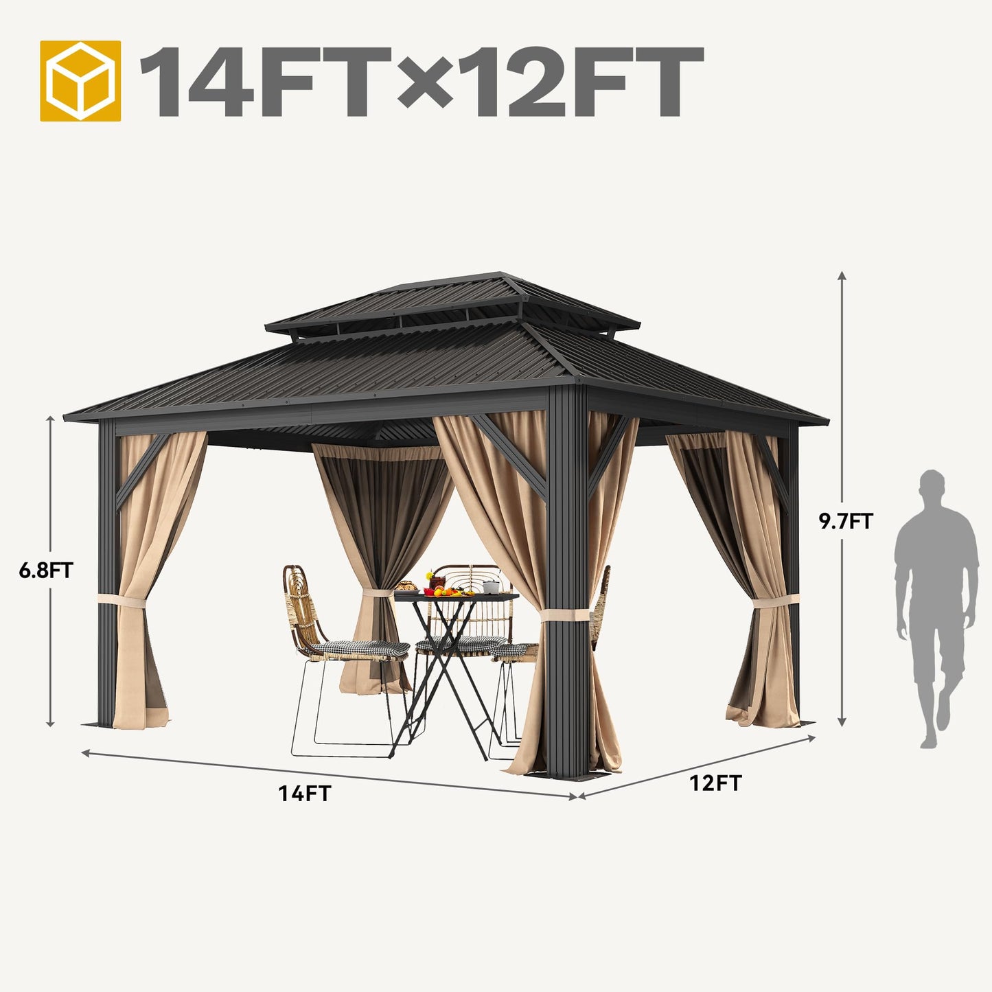 DWVO 12x14ft Hardtop Gazebo Double Roof with Nettings and Curtains, Heavy Duty Galvanized Steel Outdoor Vertical Stripes Roof for Patio, Backyard, Deck, Lawns, Brown