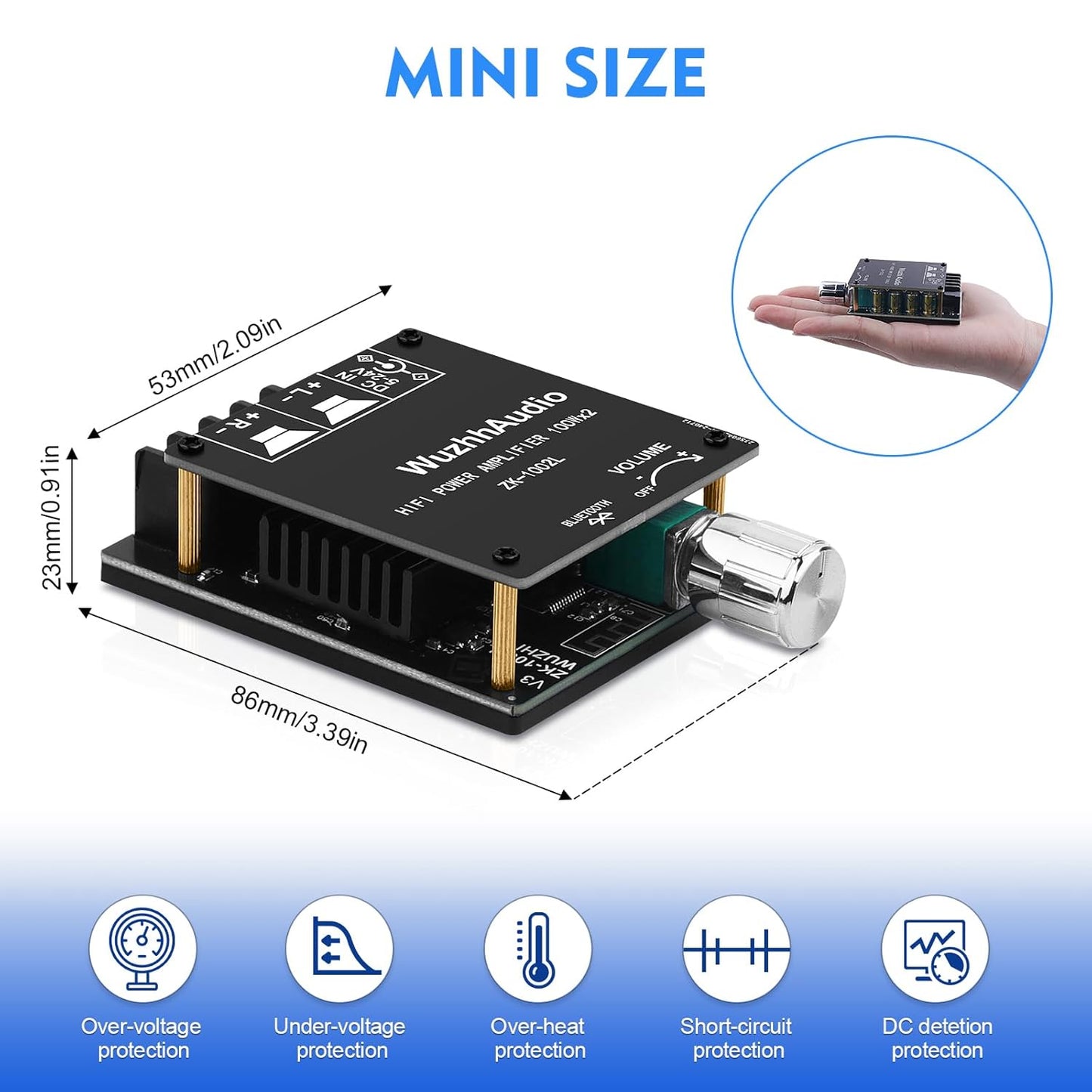 ZK-1002L 200W 2.0 5-24V Audio Power Amplifier Board with Bluetooth and AUX Inputs, Channel Stereo Mini Power Amplifier