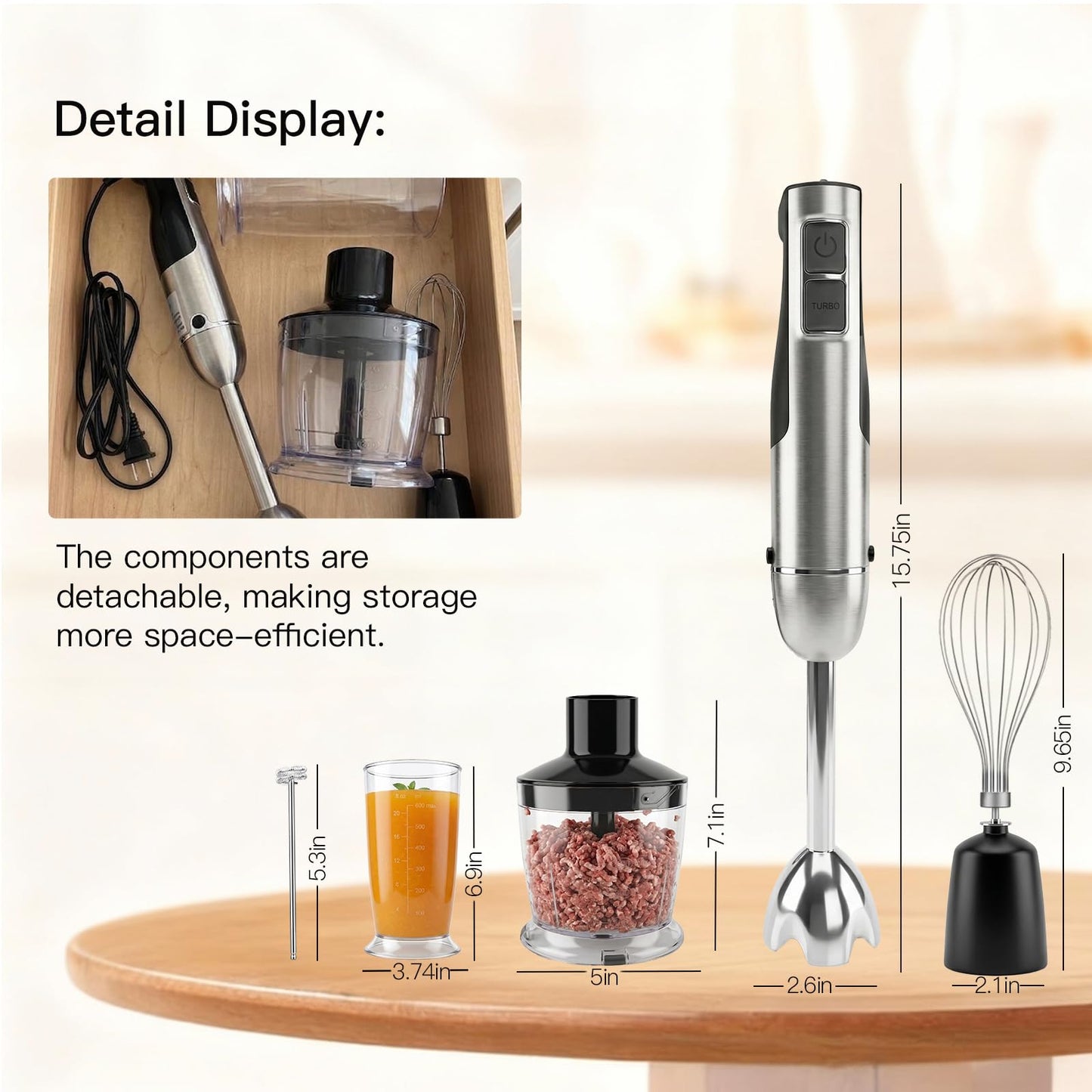 Megawise HB-2080 1000W 5-in-1 Immersion Hand Blender, Powerful Stick Blender with Variable Speed & Turbo, Stainless Steel Shaft & Blades, Includes Whisk, Frother, Chopper Bowl & Beaker