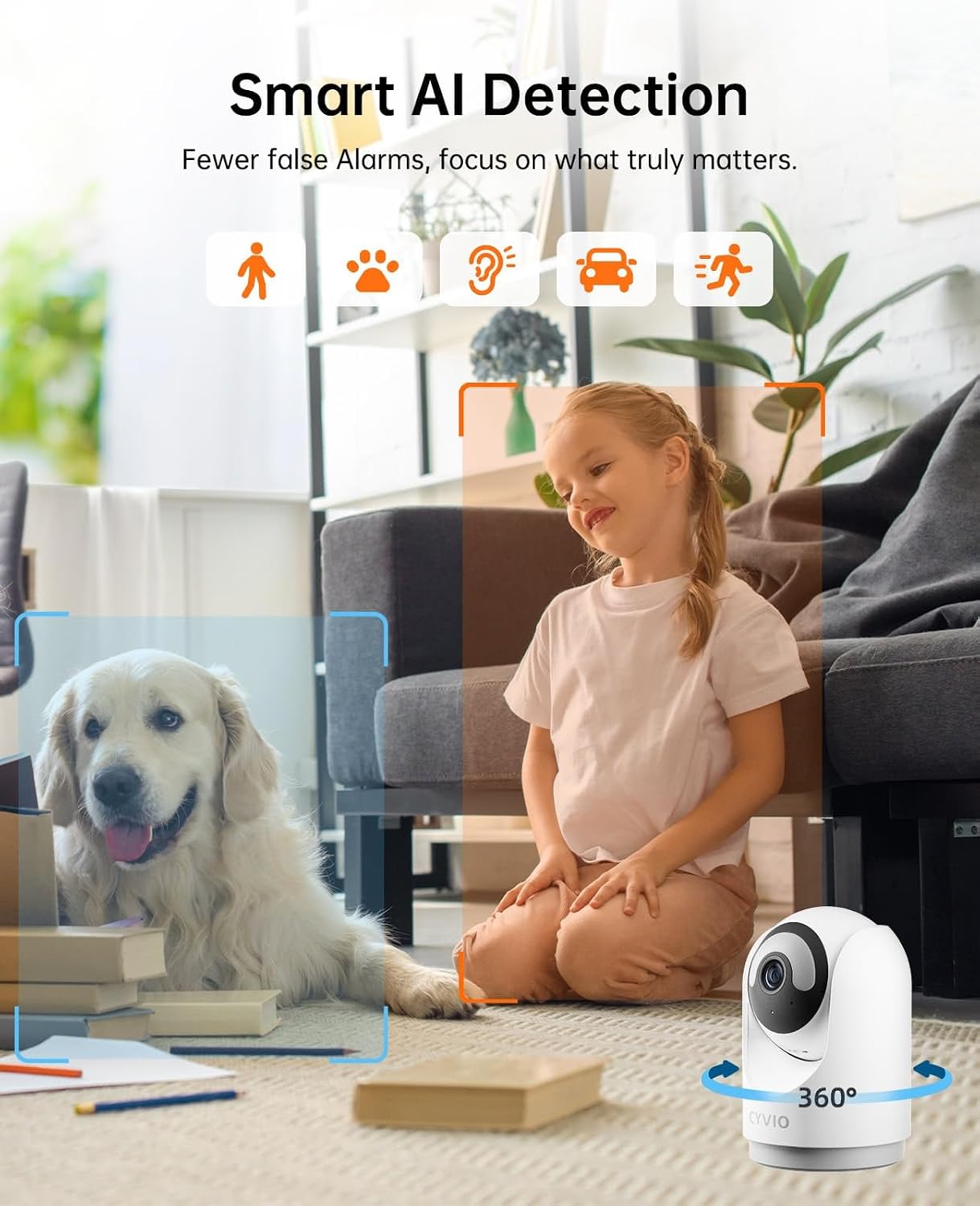 CYVIO 5MP 3K 2-Way Indoor WiFi Camera, Plug-in Security Camera with Wireless Connection, Video, Pan/Tilt, Audio, AI