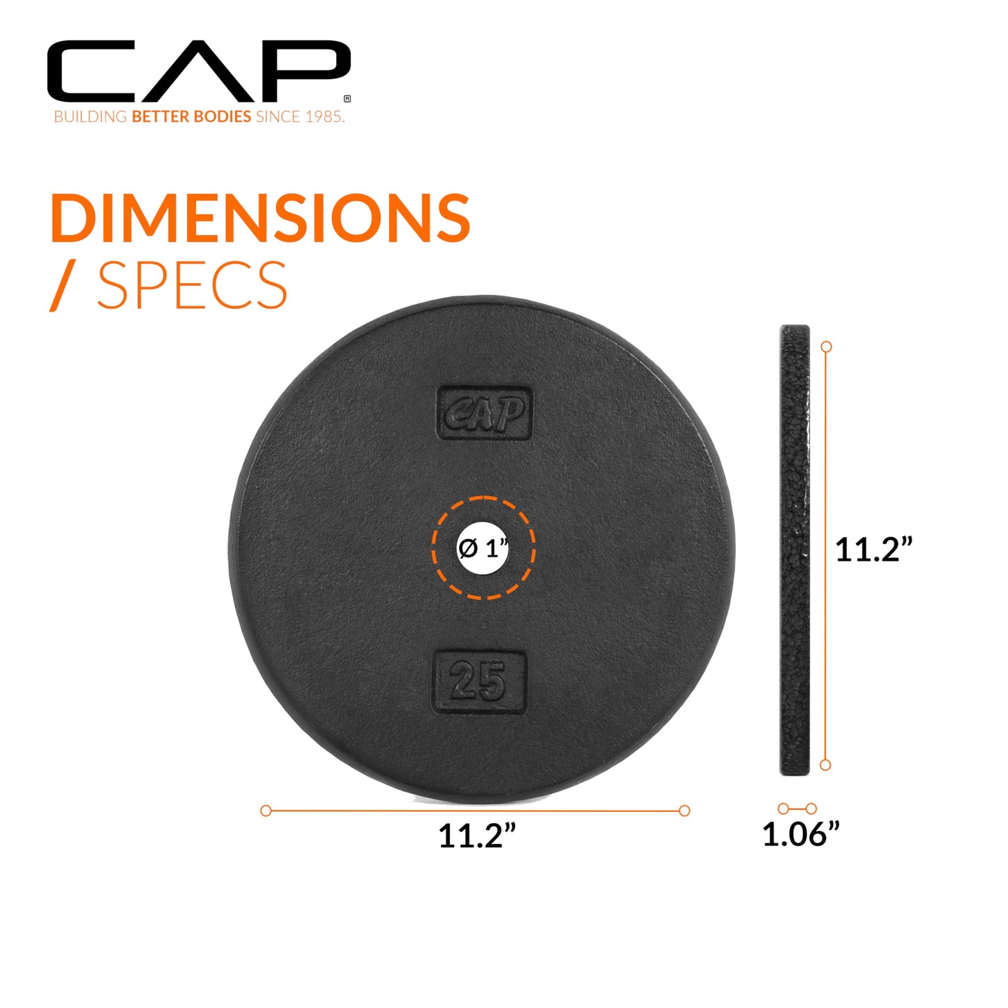 CAP Barbell Cast Iron Standard 1-Inch Weight Plate Set – Barbell Weights for Home Gym, Strength Training, and Weightlifting, 25 lb Set of 2, Black